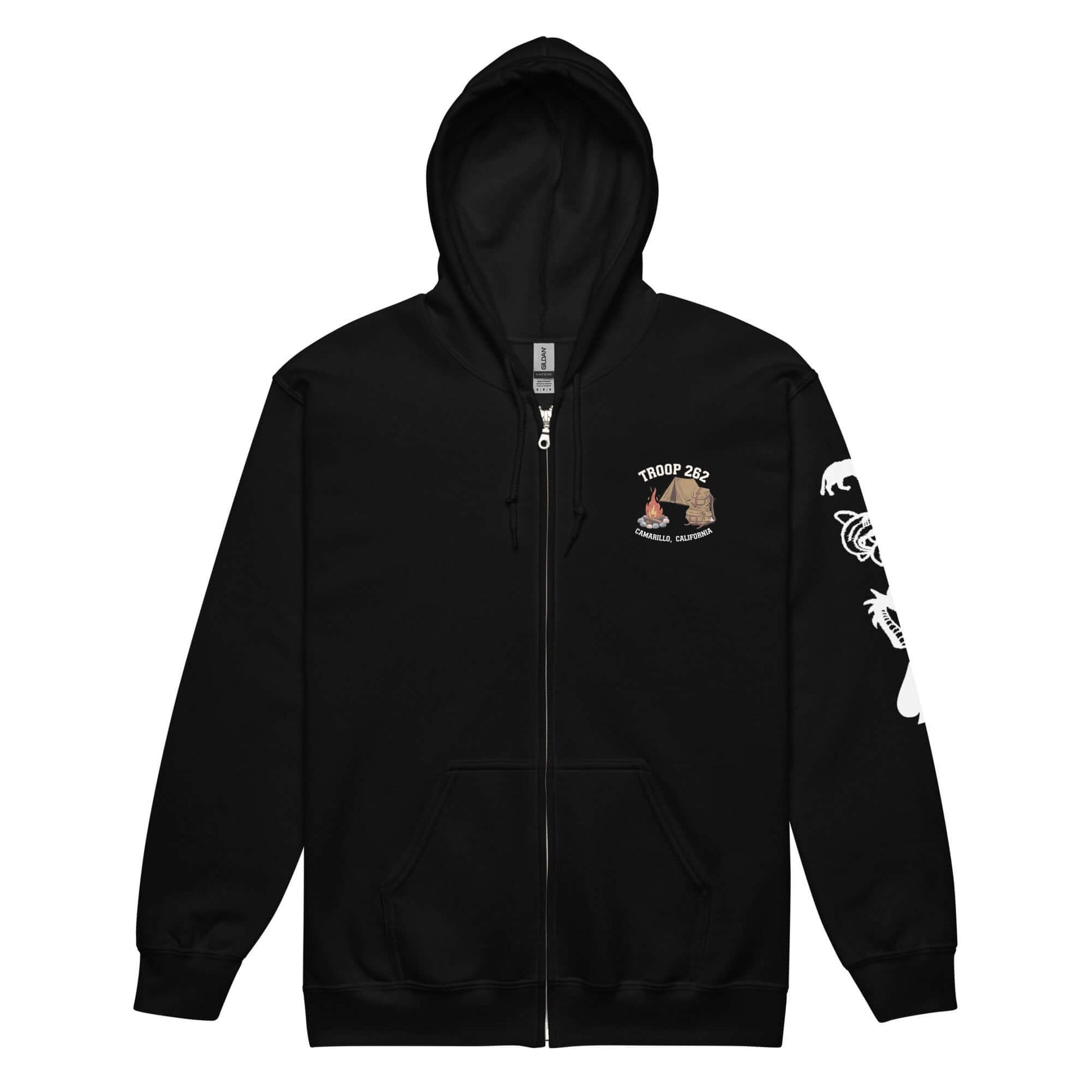 Adult unisex heavy blend zip hoodie in black featuring Troop 223 logo and camping graphics for outdoor adventures.