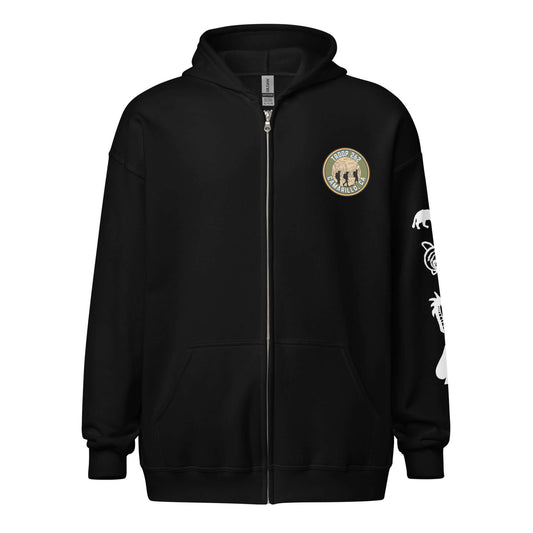 Adult Unisex Heavy Blend Zip Hoodie in black with hiking logo and graphics on sleeve, perfect for outdoor adventures.