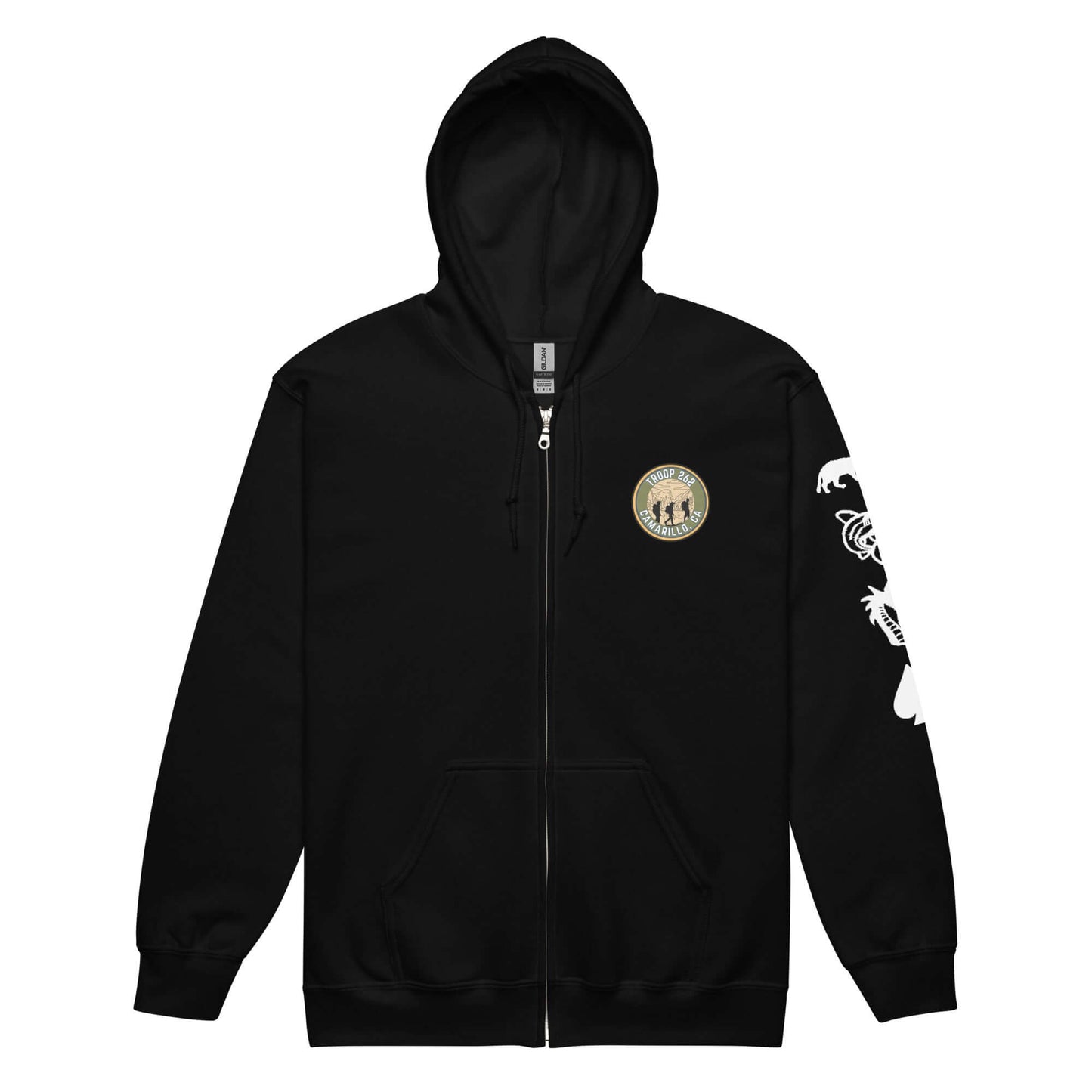 Adult unisex black zip hoodie with logo and design, perfect for hiking and outdoor activities.