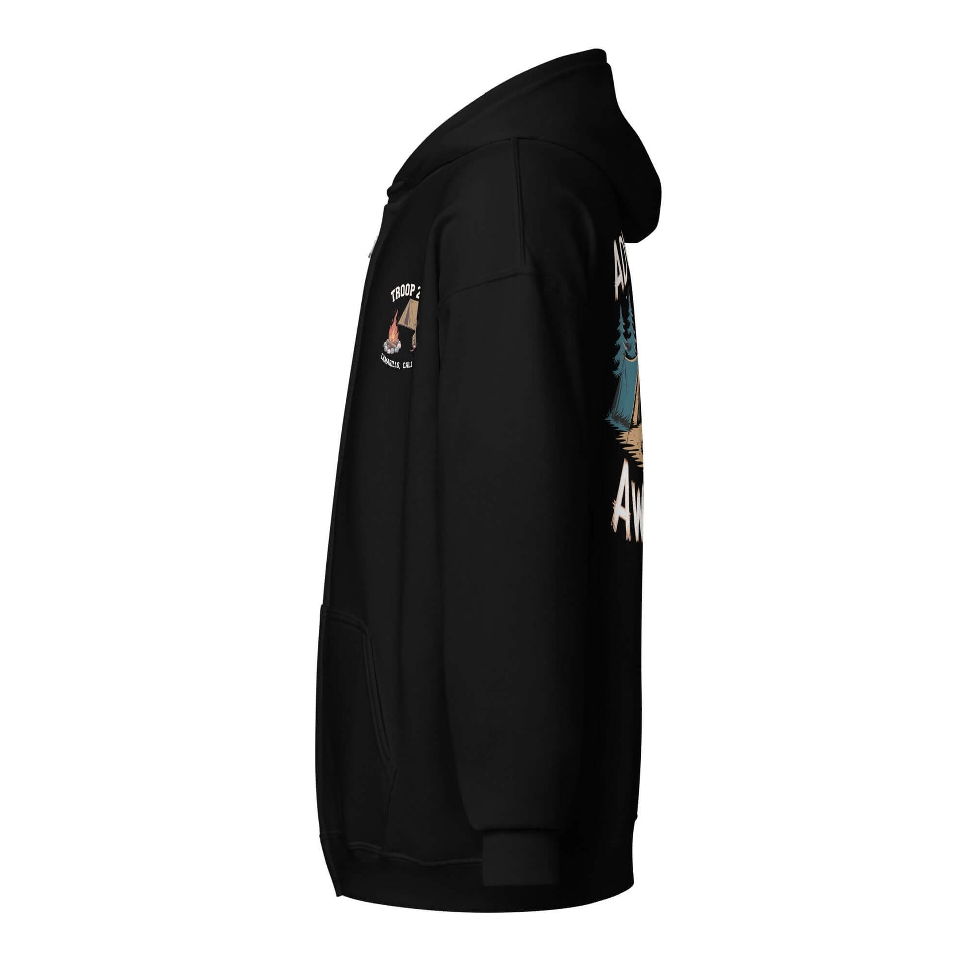 Side view of Adult Unisex Heavy Blend Zip Hoodie – Camping Standard Edition in black with campfire design.