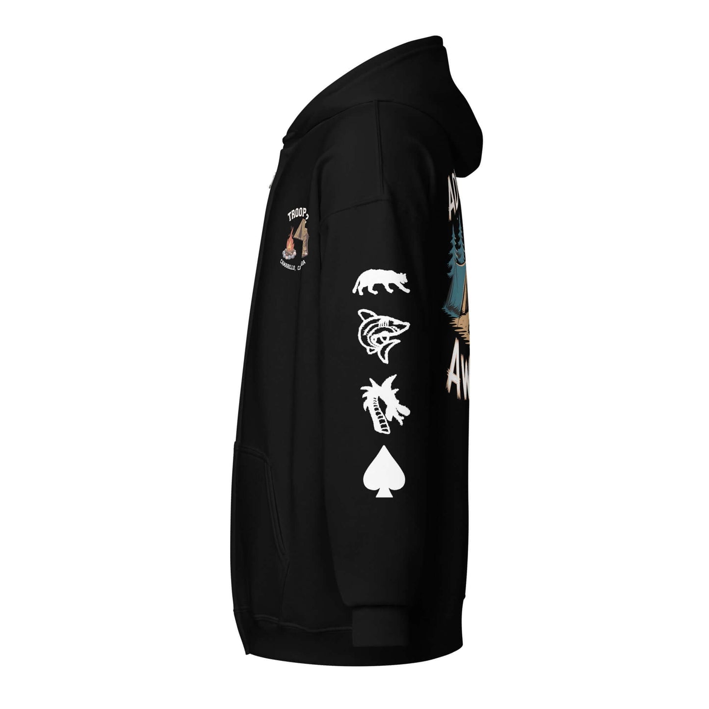 Side view of Adult Unisex Heavy Blend Zip Hoodie – Camping Ultimate Edition featuring outdoor animal graphics.