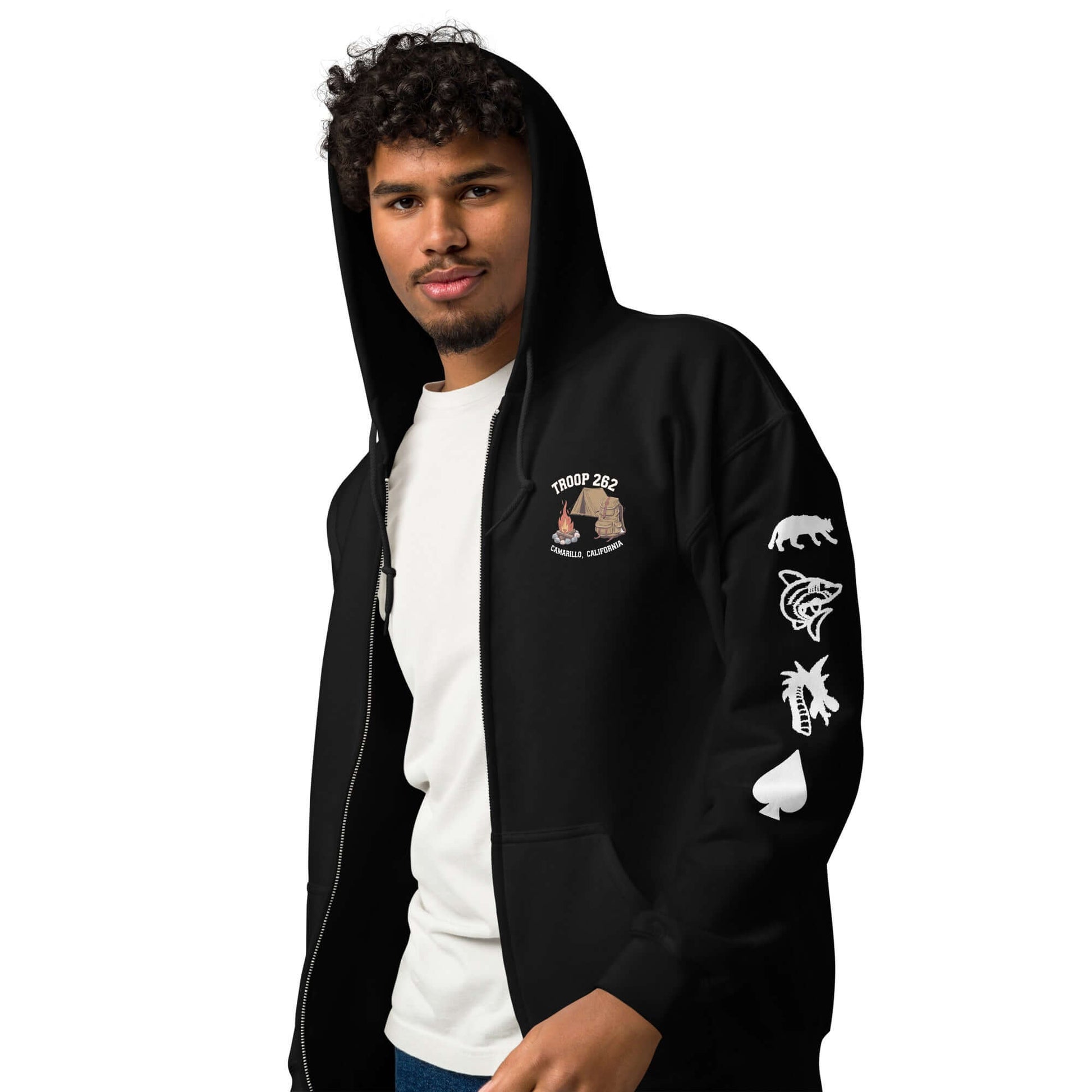 Model wearing Adult Unisex Heavy Blend Zip Hoodie with camping graphics and hood up, ideal for outdoor adventures.