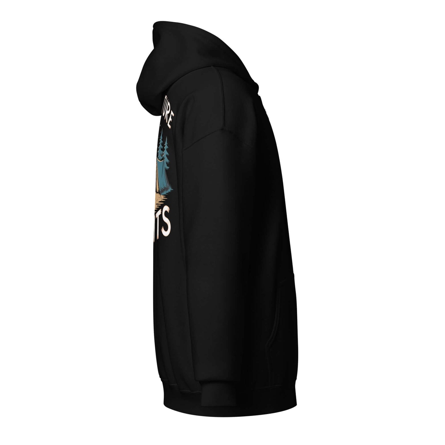 Side view of Adult Unisex Heavy Blend Zip Hoodie in black, featuring camping graphics, perfect for outdoor adventures.