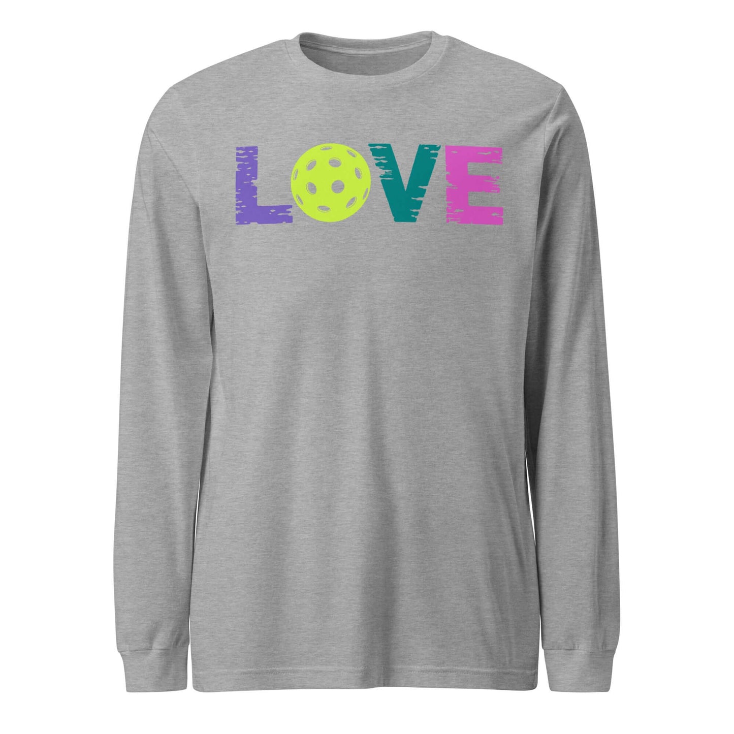 LOVE Pickleball Long Sleeve Tee in gray featuring colorful text and a pickleball graphic, perfect for fans of the sport.