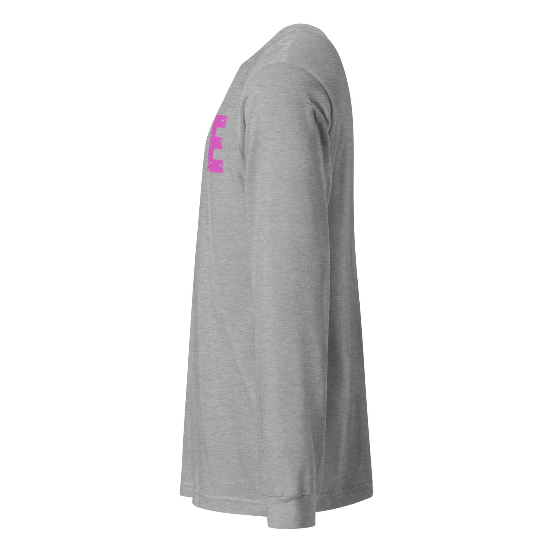 Side view of LOVE Pickleball Long Sleeve Tee in gray, featuring a colorful graphic design.