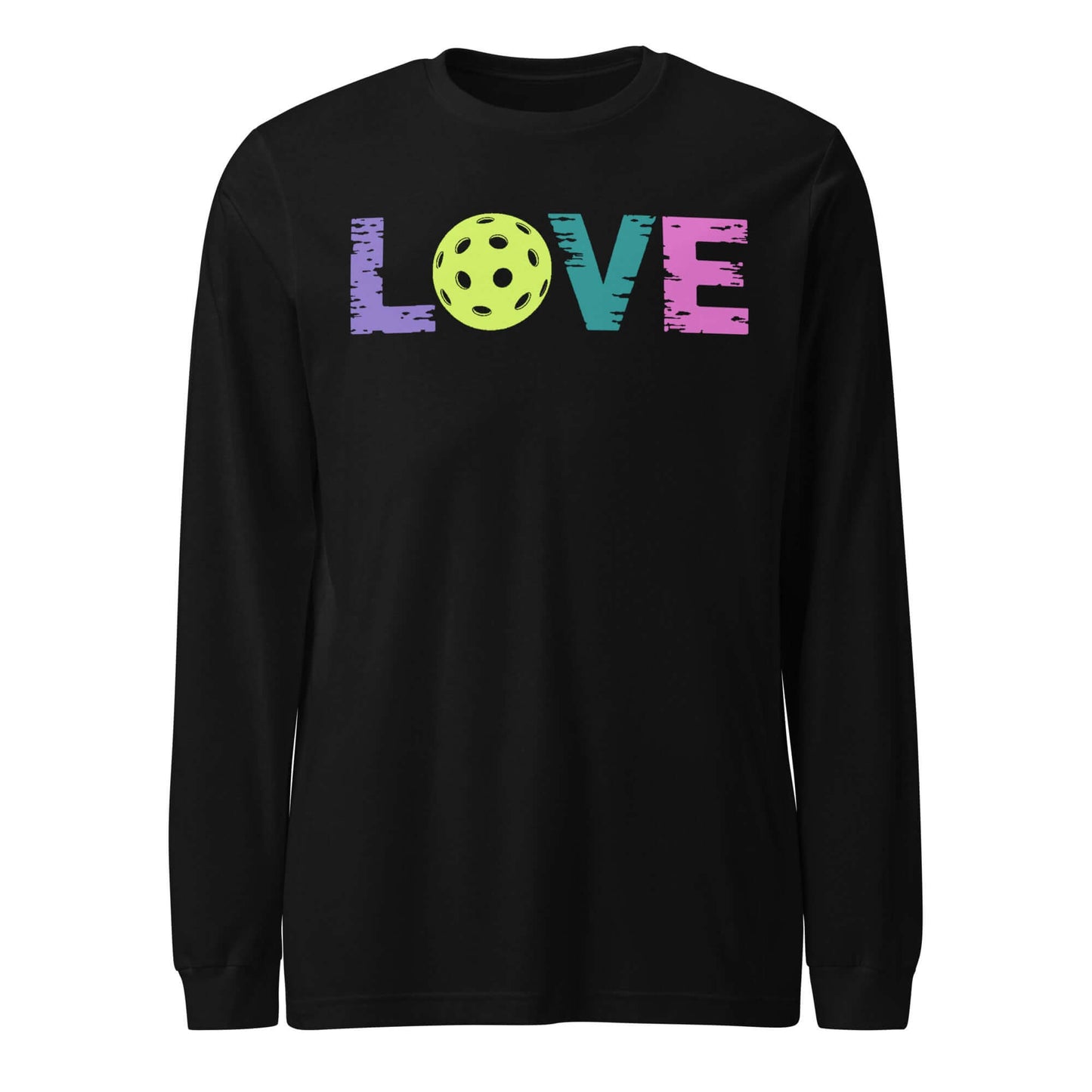 LOVE Pickleball Long Sleeve Tee in black with colorful LOVE text and a pickleball graphic, perfect for pickleball fans.