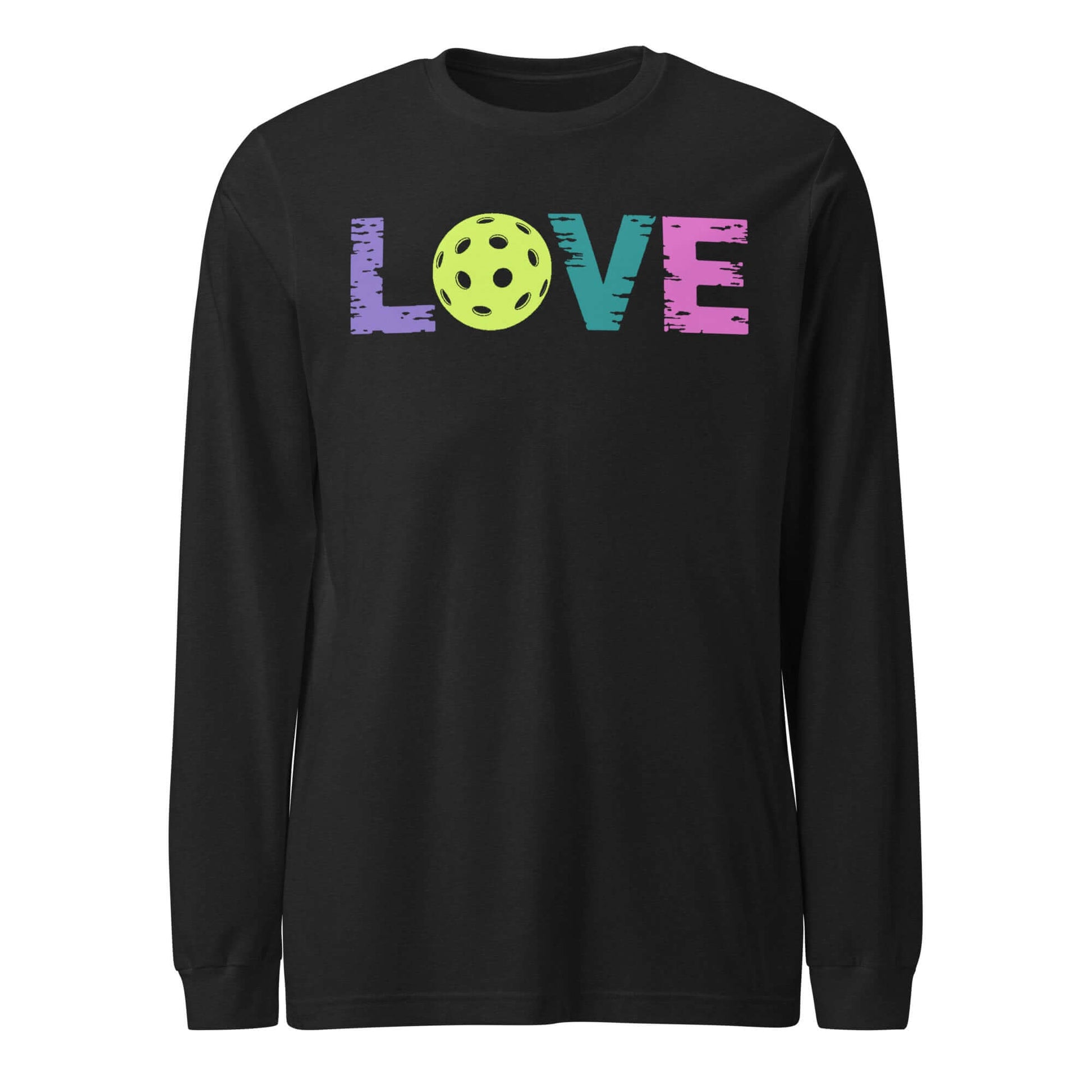 LOVE Pickleball Long Sleeve Tee in black with colorful 'LOVE' text and pickleball graphic.