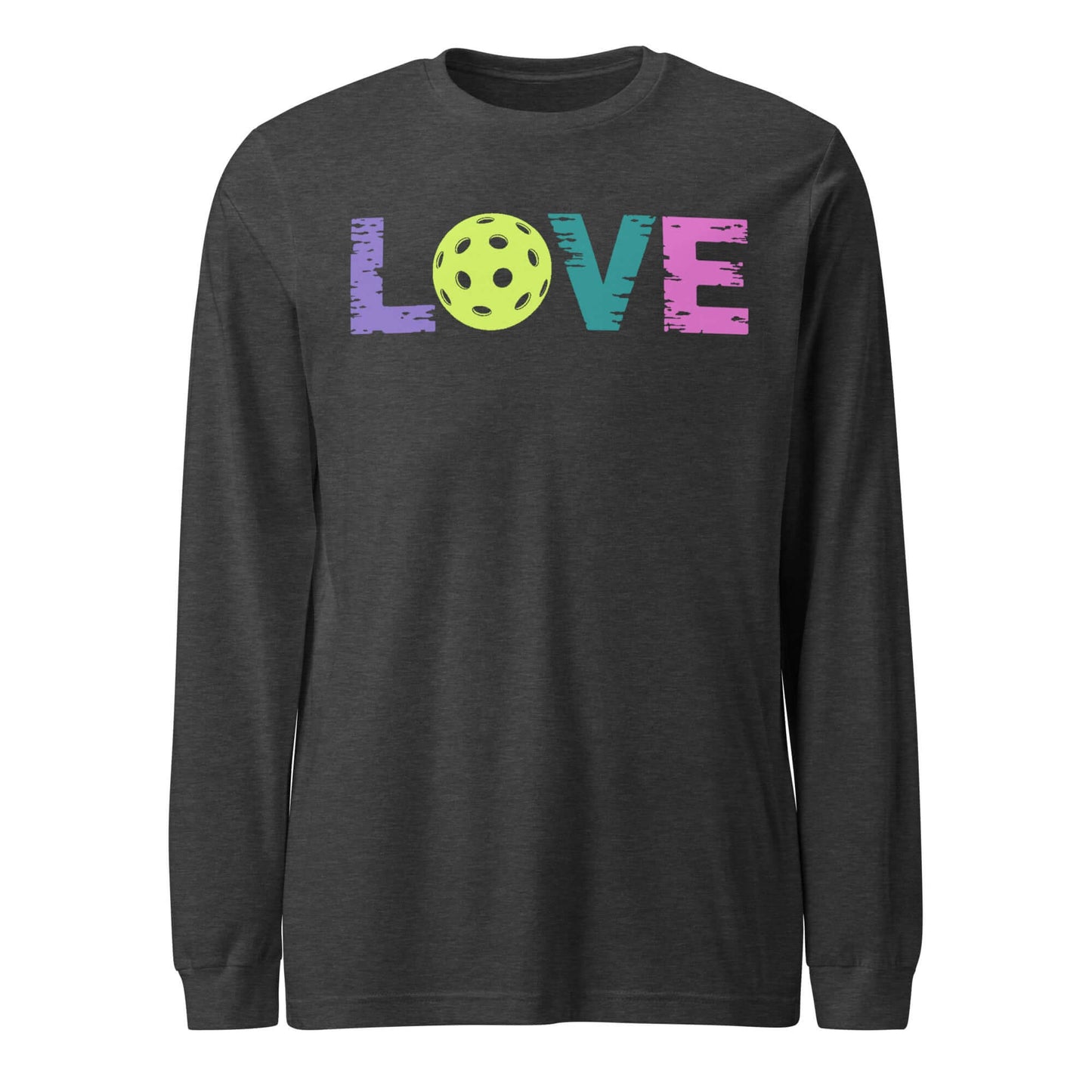 LOVE Pickleball Long Sleeve Tee featuring colorful text and a pickleball graphic on a dark background.