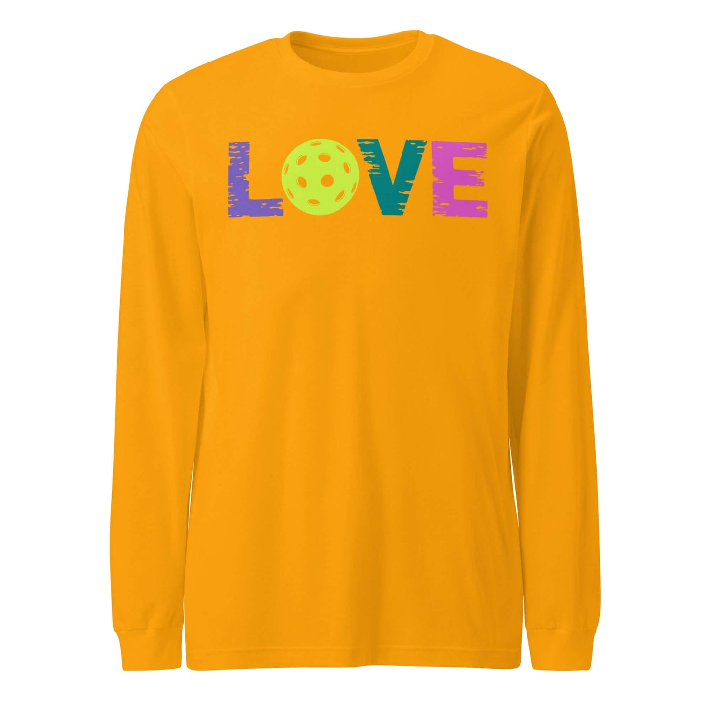 LOVE Pickleball Long Sleeve Tee in vibrant yellow with colorful text design featuring a pickleball.