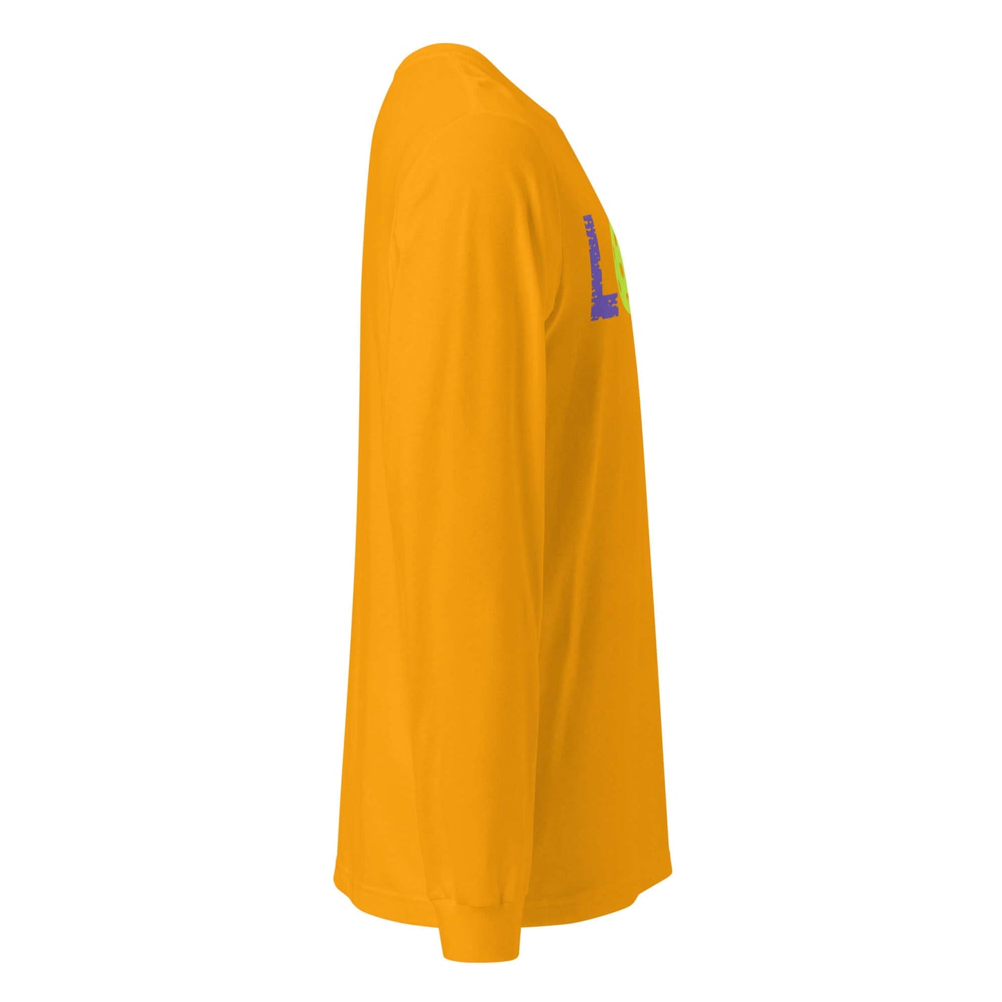 Side view of LOVE Pickleball Long Sleeve Tee in vibrant yellow, ideal for fans seeking comfort and style.