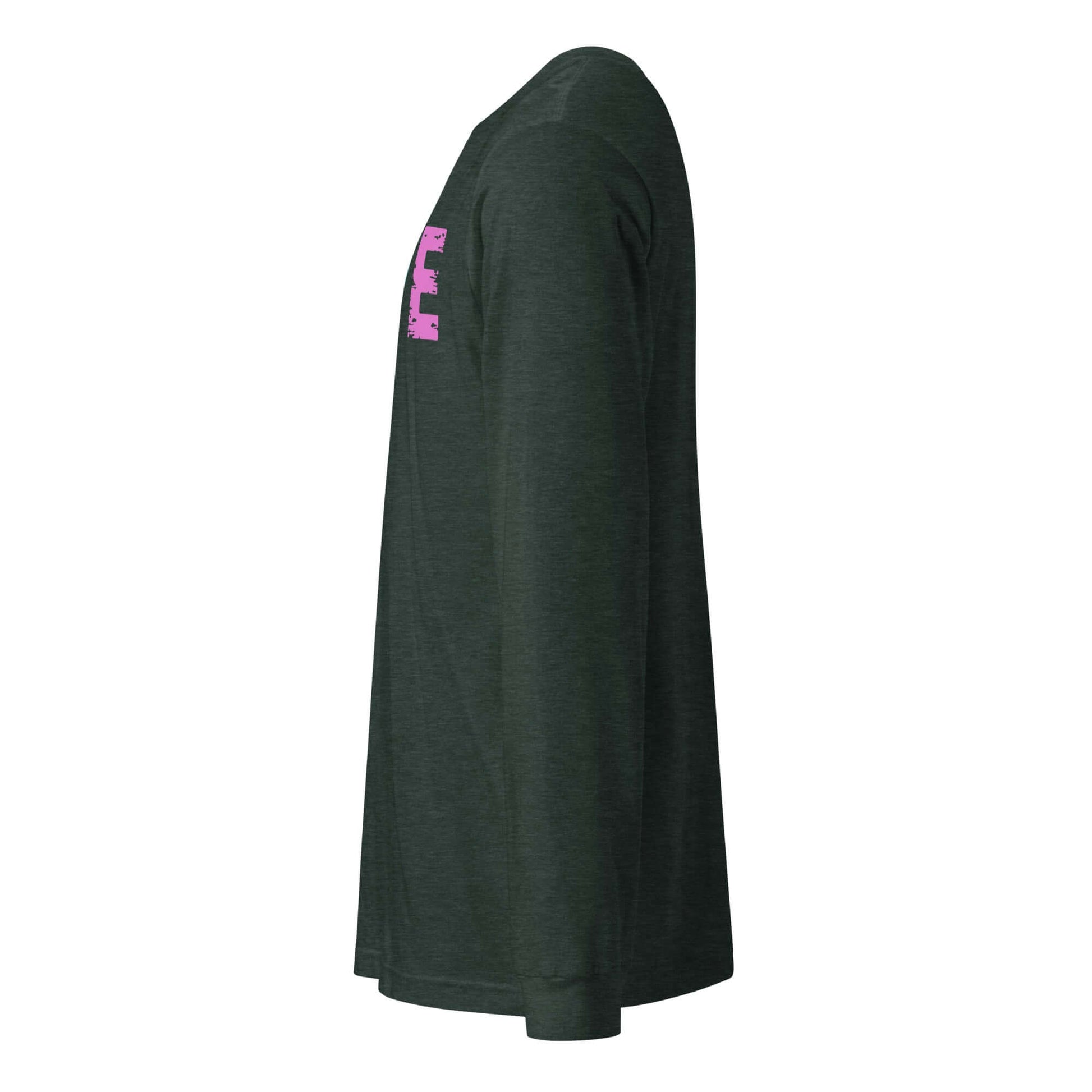 LOVE Pickleball Long Sleeve Tee in dark green with pink graphic, perfect for pickleball fans and casual outings.