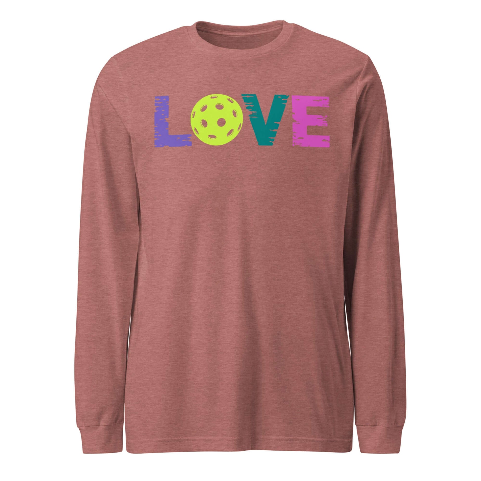 LOVE Pickleball Long Sleeve Tee in brown with colorful 'LOVE' text and a yellow pickleball design.