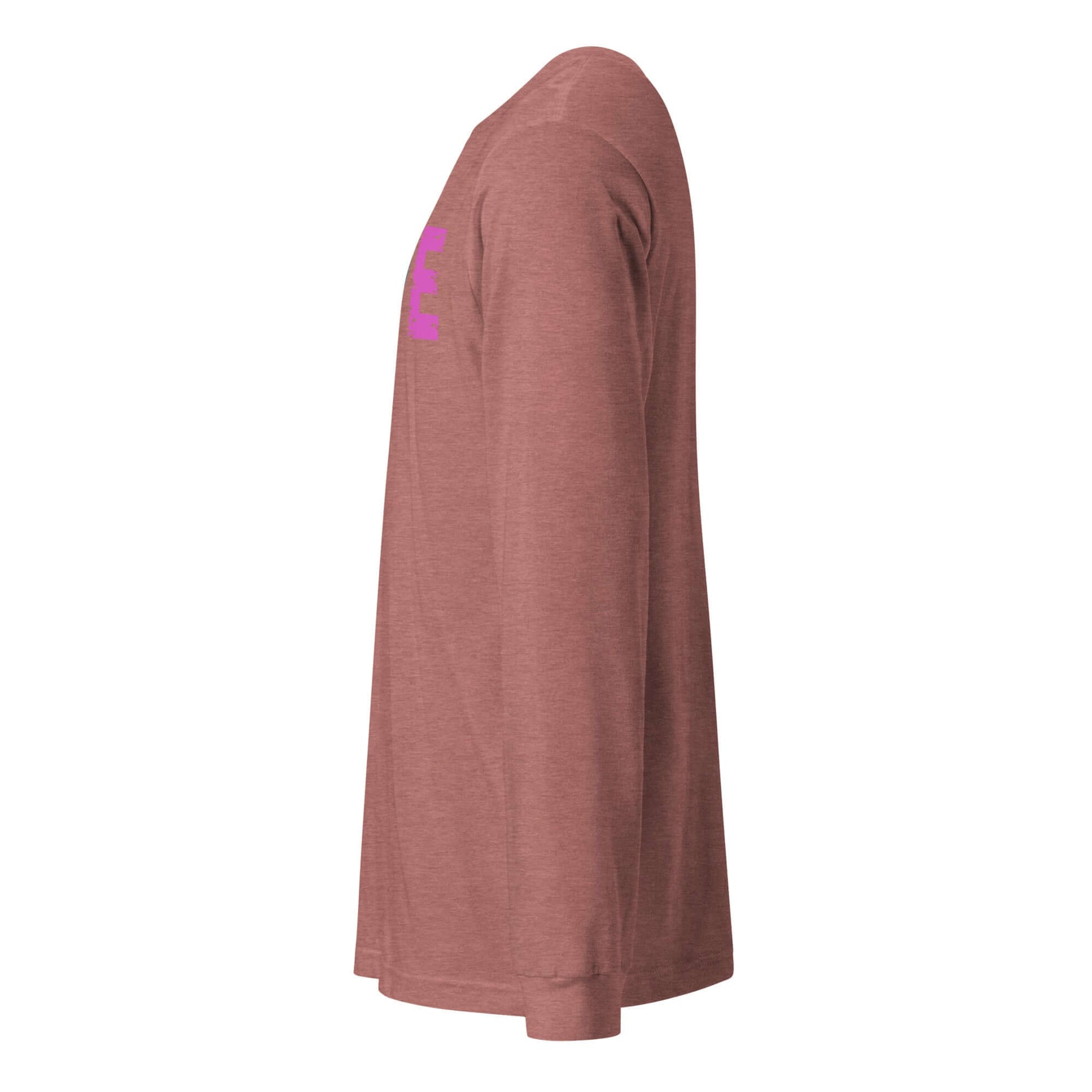 Side view of LOVE Pickleball Long Sleeve Tee in brown, featuring vibrant pink text, perfect for on and off-court wear.