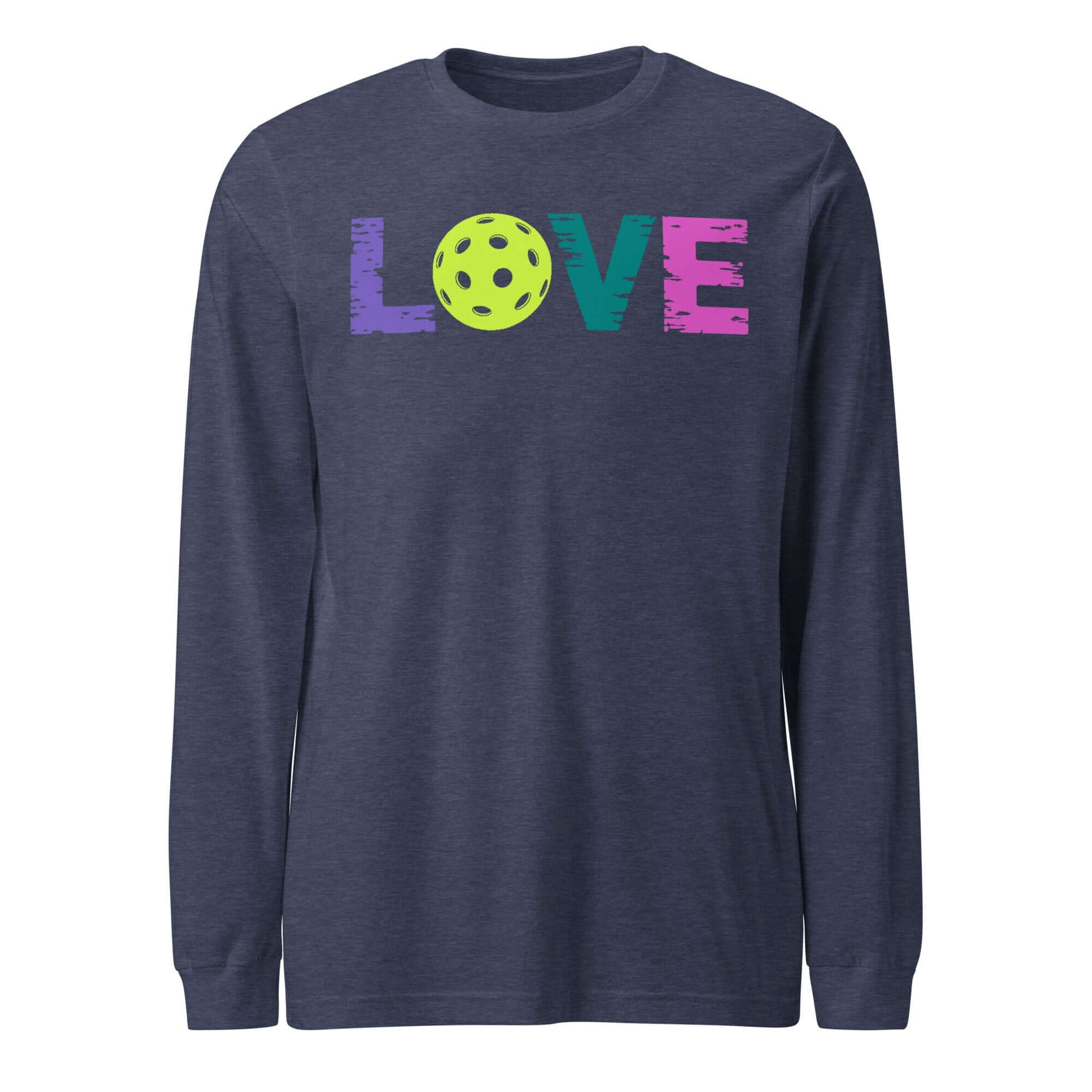 LOVE Pickleball Long Sleeve Tee in navy with colorful text and pickleball graphic, perfect for fans.