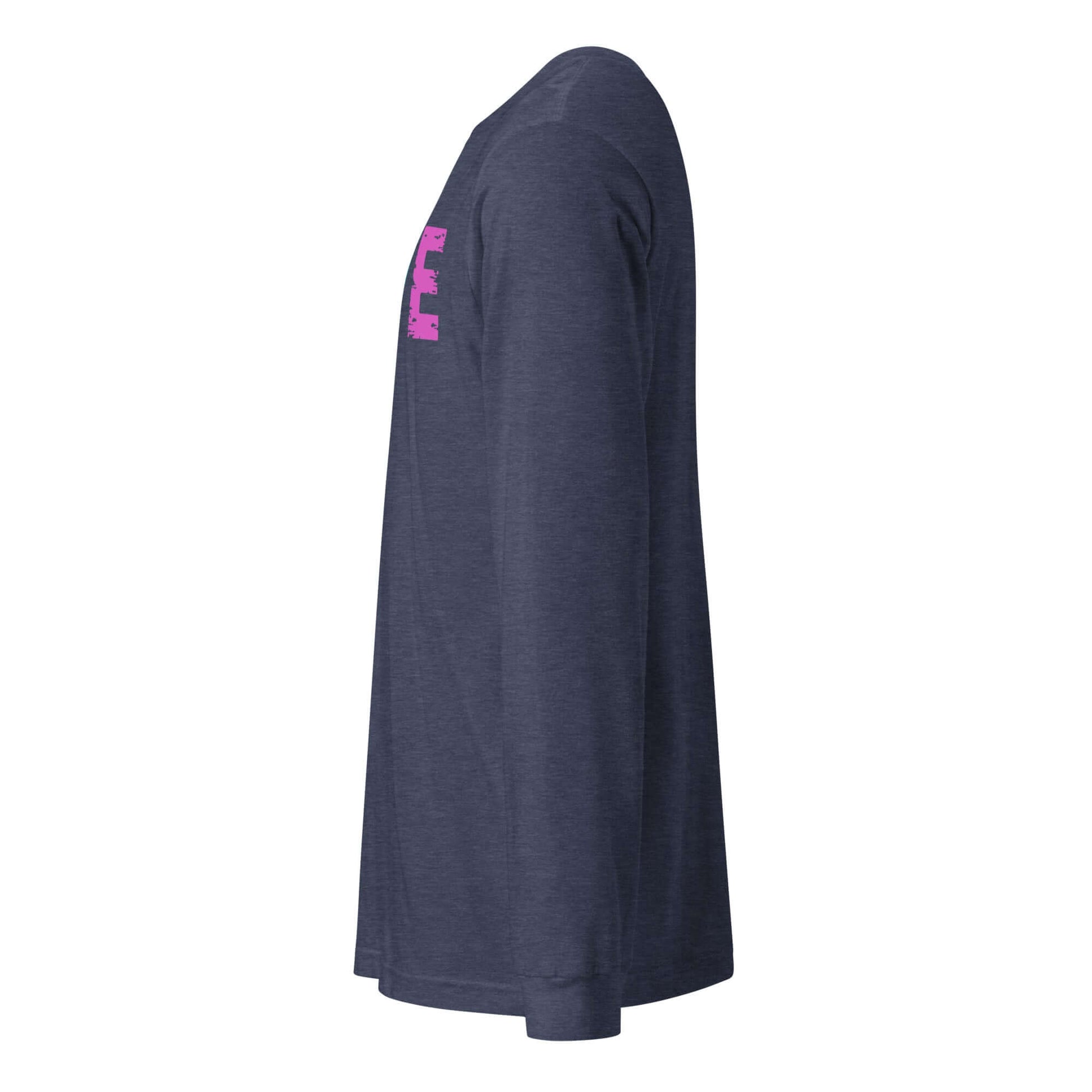 Side view of the LOVE Pickleball Long Sleeve Tee in navy with pink lettering.