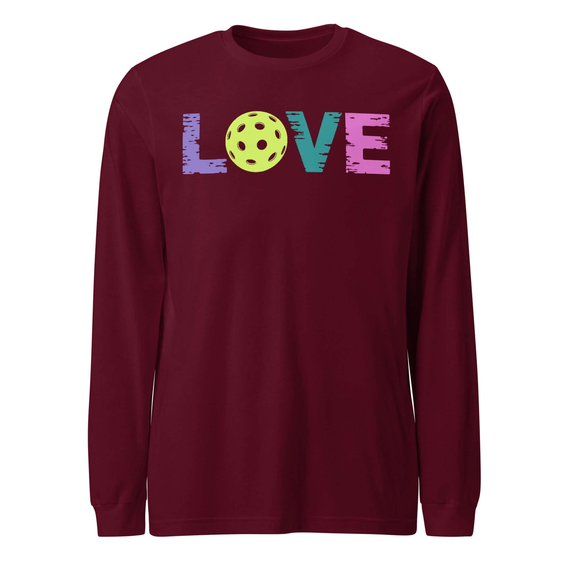 LOVE Pickleball Long Sleeve Tee in burgundy featuring colorful 'LOVE' text and pickleball design.