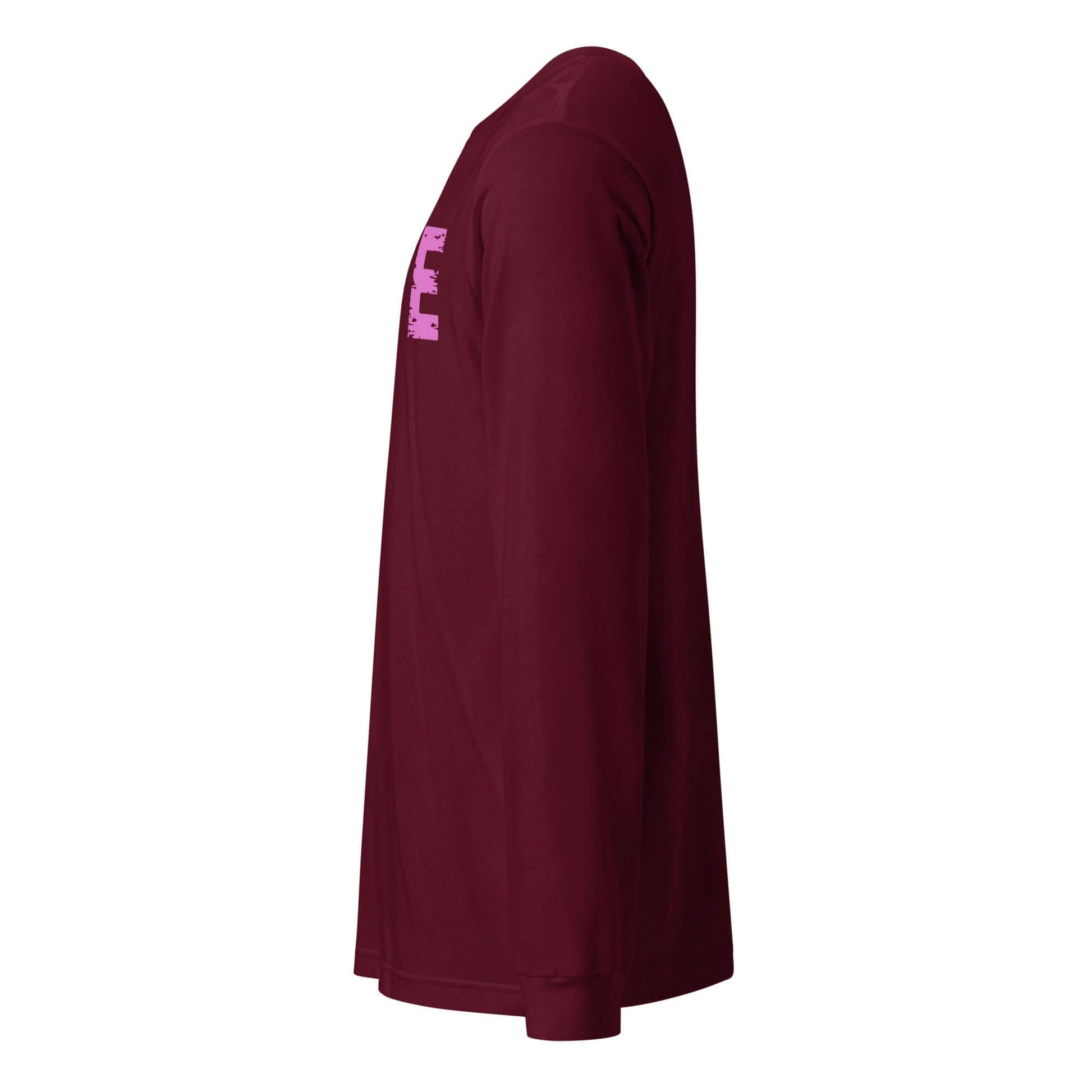 Side view of the LOVE Pickleball Long Sleeve Tee in burgundy, featuring a stylish design perfect for pickleball fans.