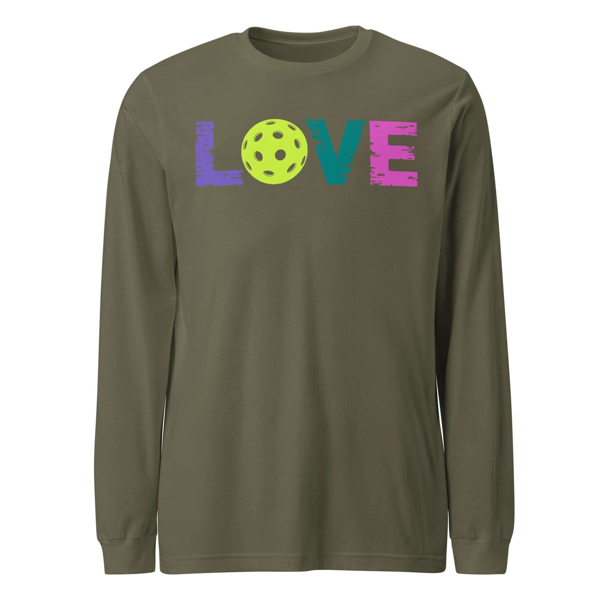 LOVE Pickleball Long Sleeve Tee in olive green with colorful lettering and a pickleball graphic.