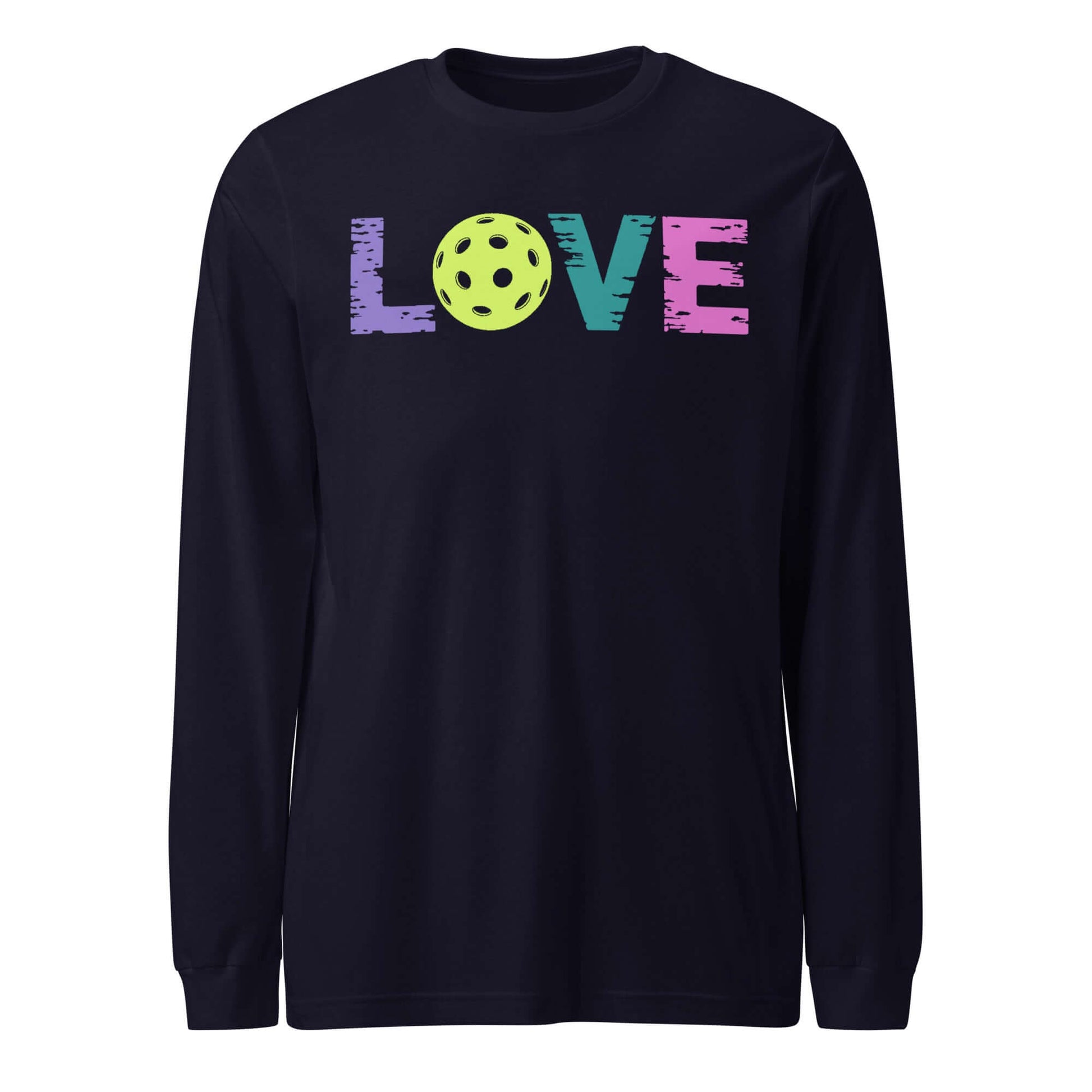 LOVE Pickleball Long Sleeve Tee with colorful LOVE text and pickleball graphic on a black shirt.