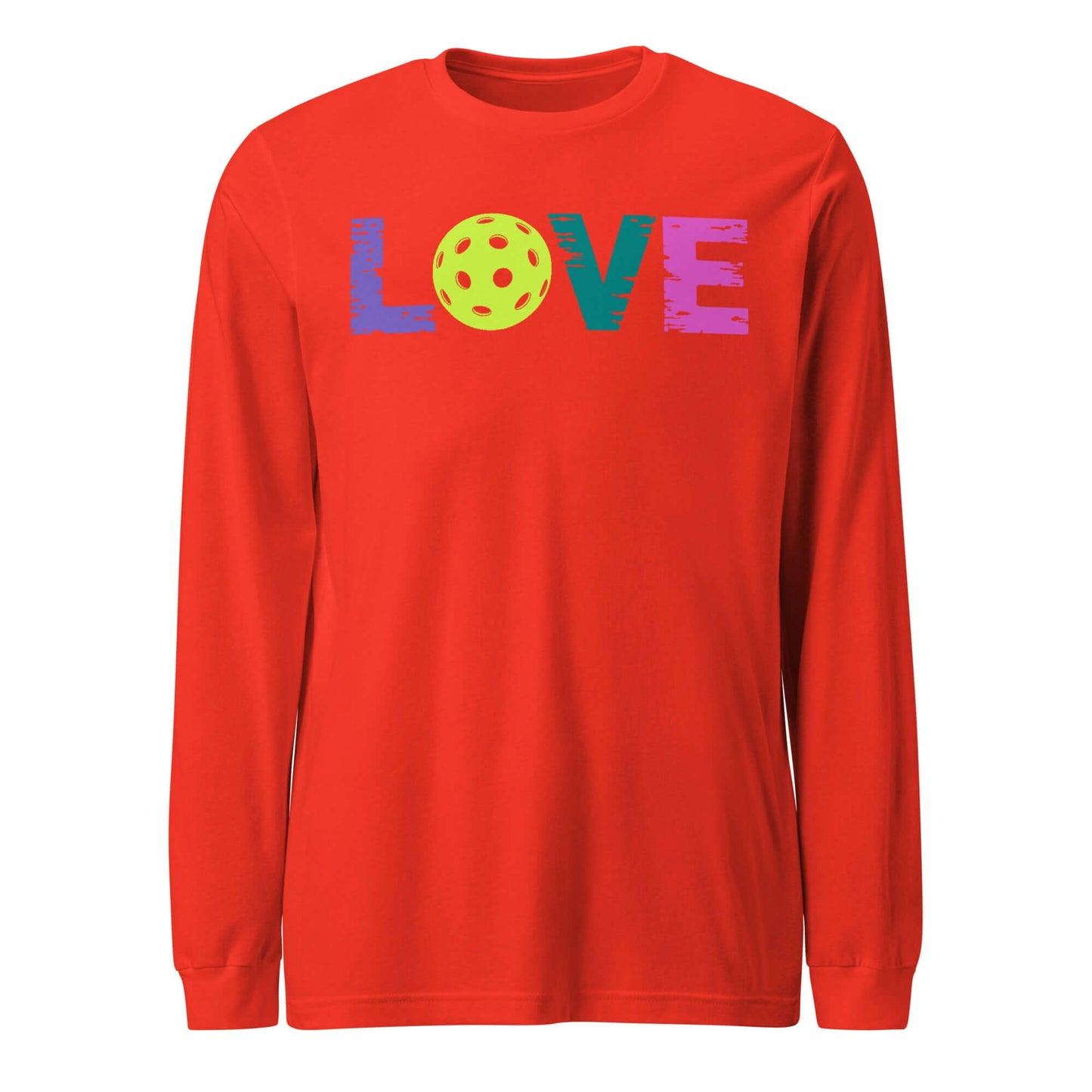 LOVE Pickleball Long Sleeve Tee in vibrant red featuring colorful 'LOVE' graphic and pickleball design.