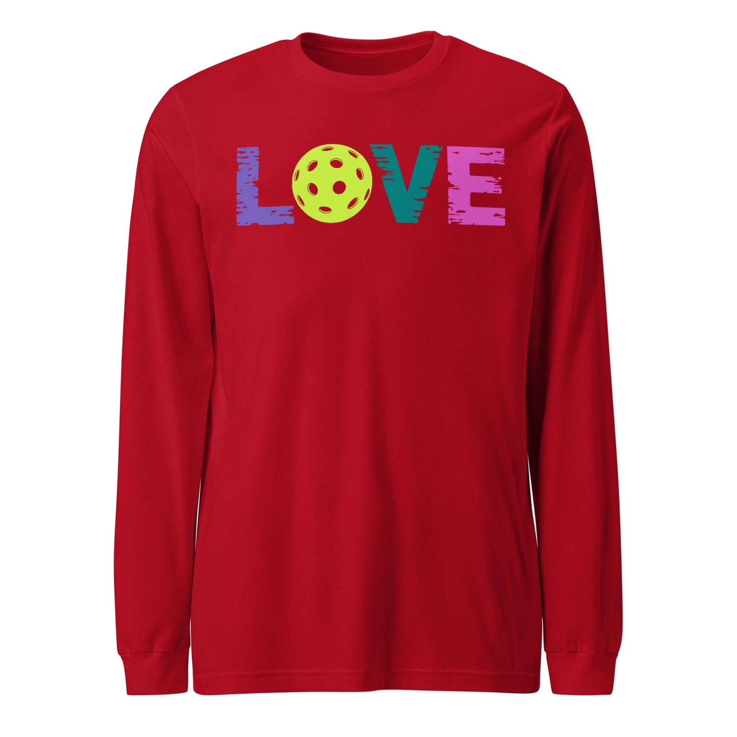 LOVE Pickleball Long Sleeve Tee in red with colorful 'LOVE' text and pickleball graphic.