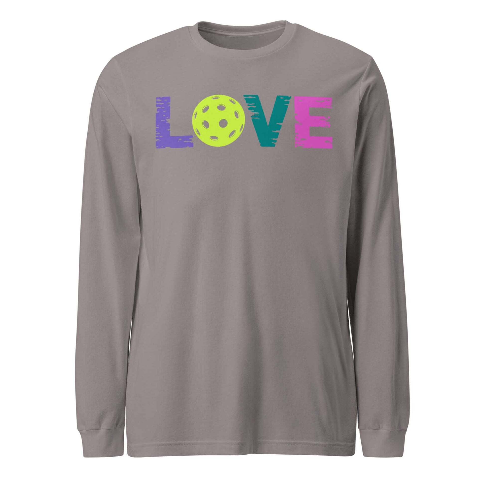 LOVE Pickleball Long Sleeve Tee in gray with colorful lettering and a pickleball graphic, perfect for fans and active lifestyle.