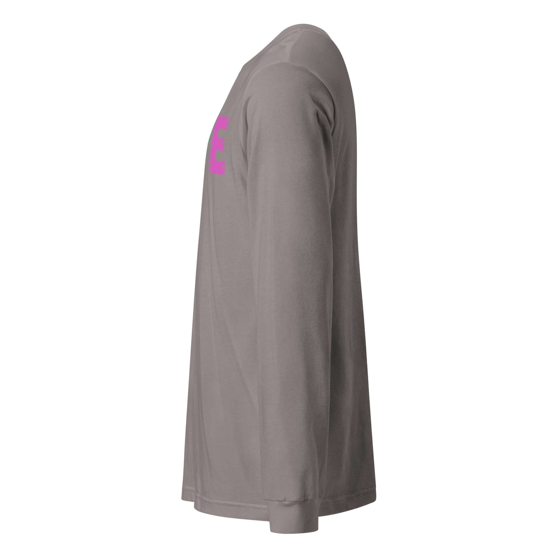 LOVE Pickleball Long Sleeve Tee in gray, showcasing side view with pink lettering for active style.