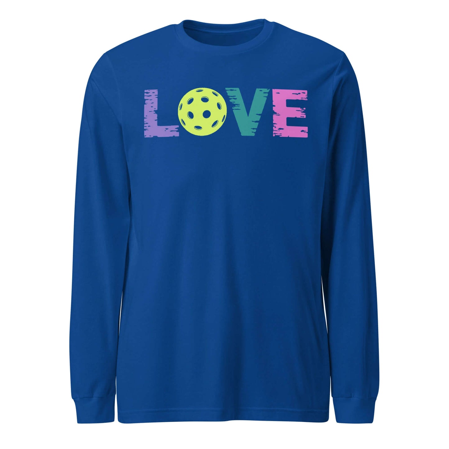 LOVE Pickleball Long Sleeve Tee in blue with colorful text and a pickleball design, perfect for fans and active lifestyles.