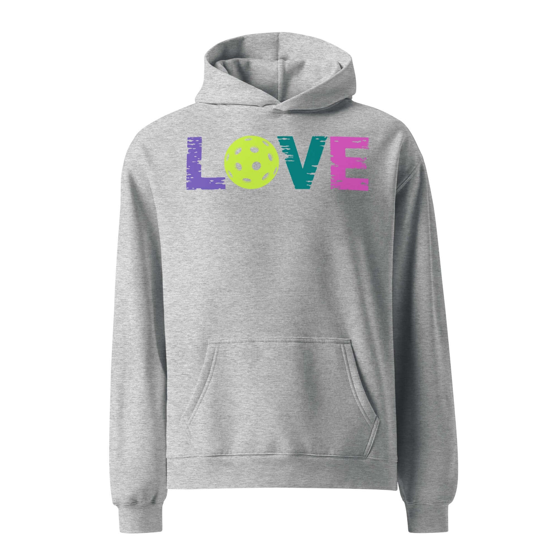 Women's oversized hoodie in gray with colorful 'LOVE' graphic and pickleball design.