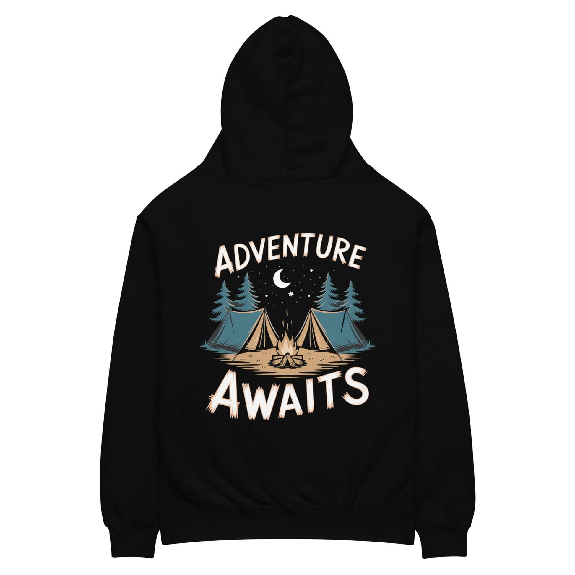 Black oversized hoodie with 'Adventure Awaits' graphic, featuring tents and trees, perfect for camping enthusiasts.