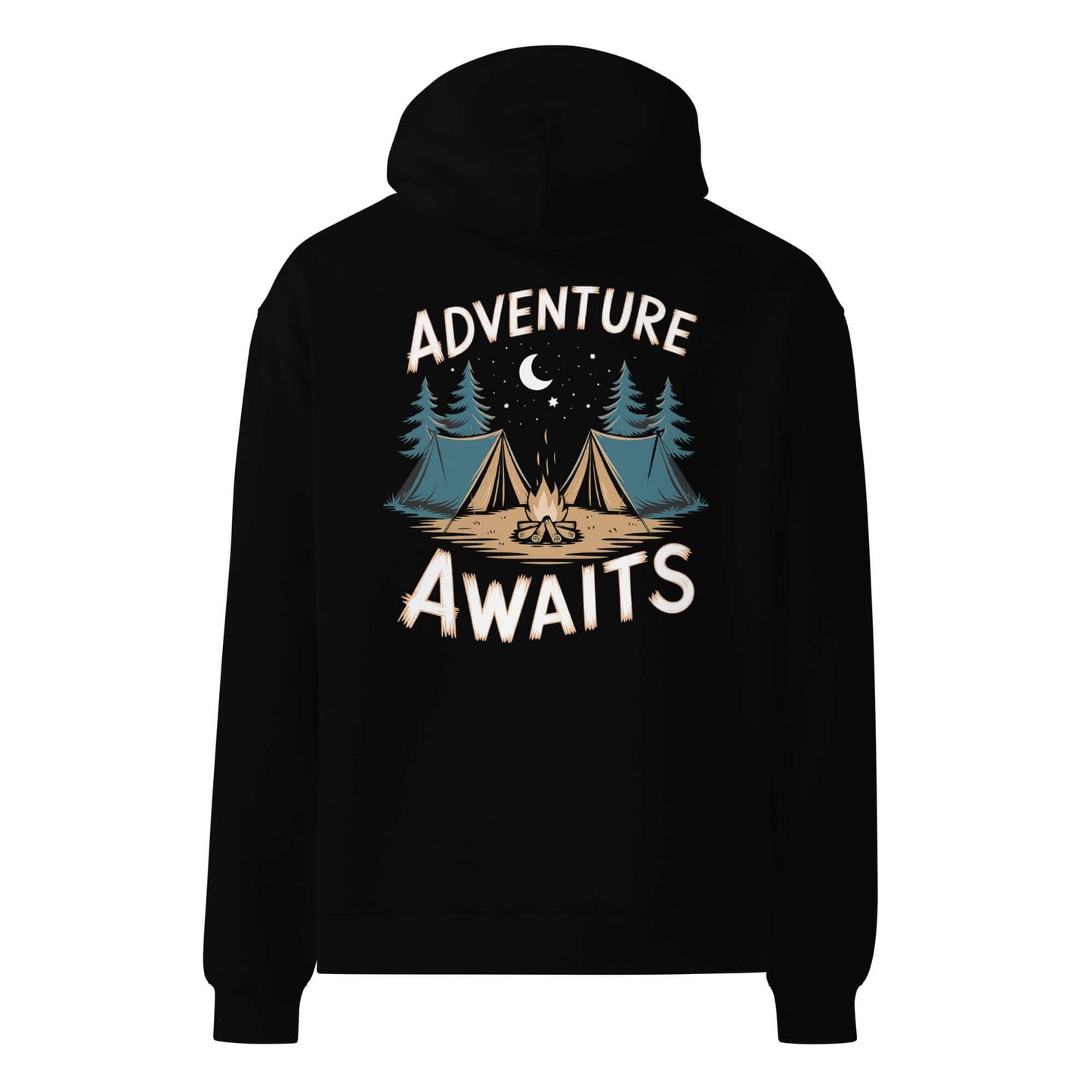 Black oversized hoodie featuring 'Adventure Awaits' graphic with tents, trees, and moon design.