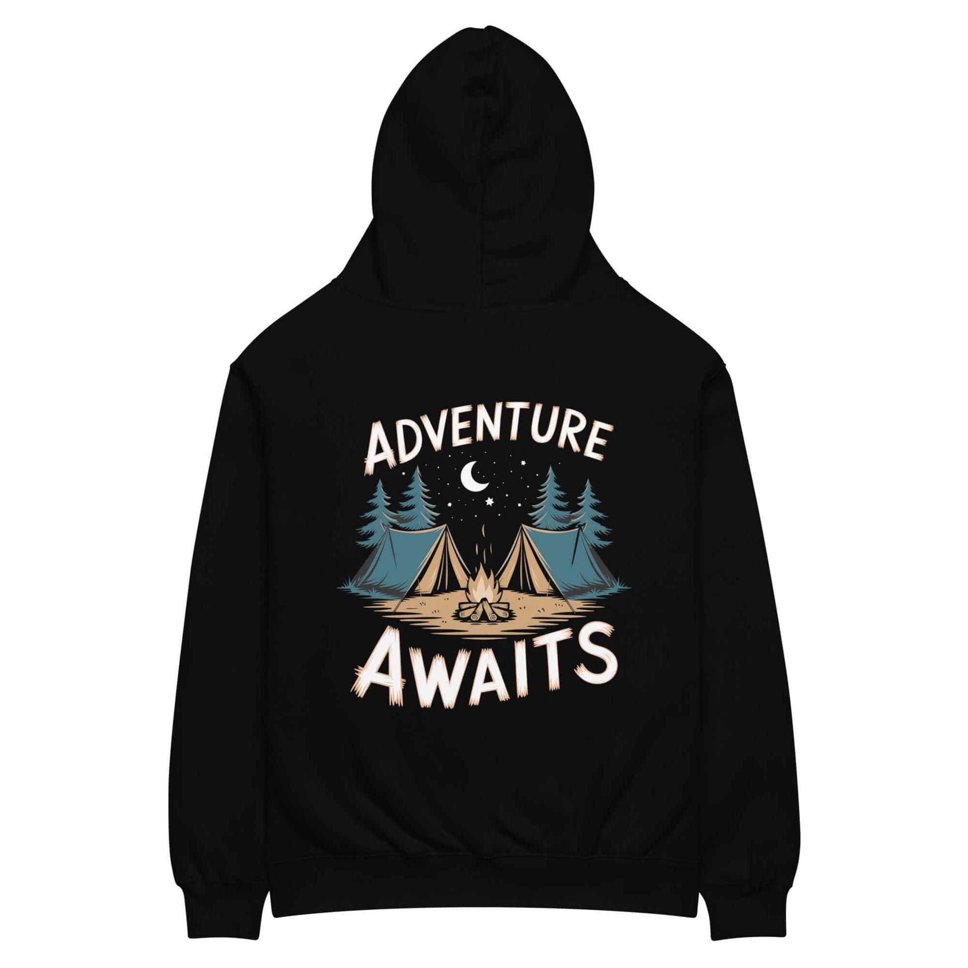 Adult unisex oversized hoodie featuring "Adventure Awaits" design with tents and trees, perfect for outdoor enthusiasts.