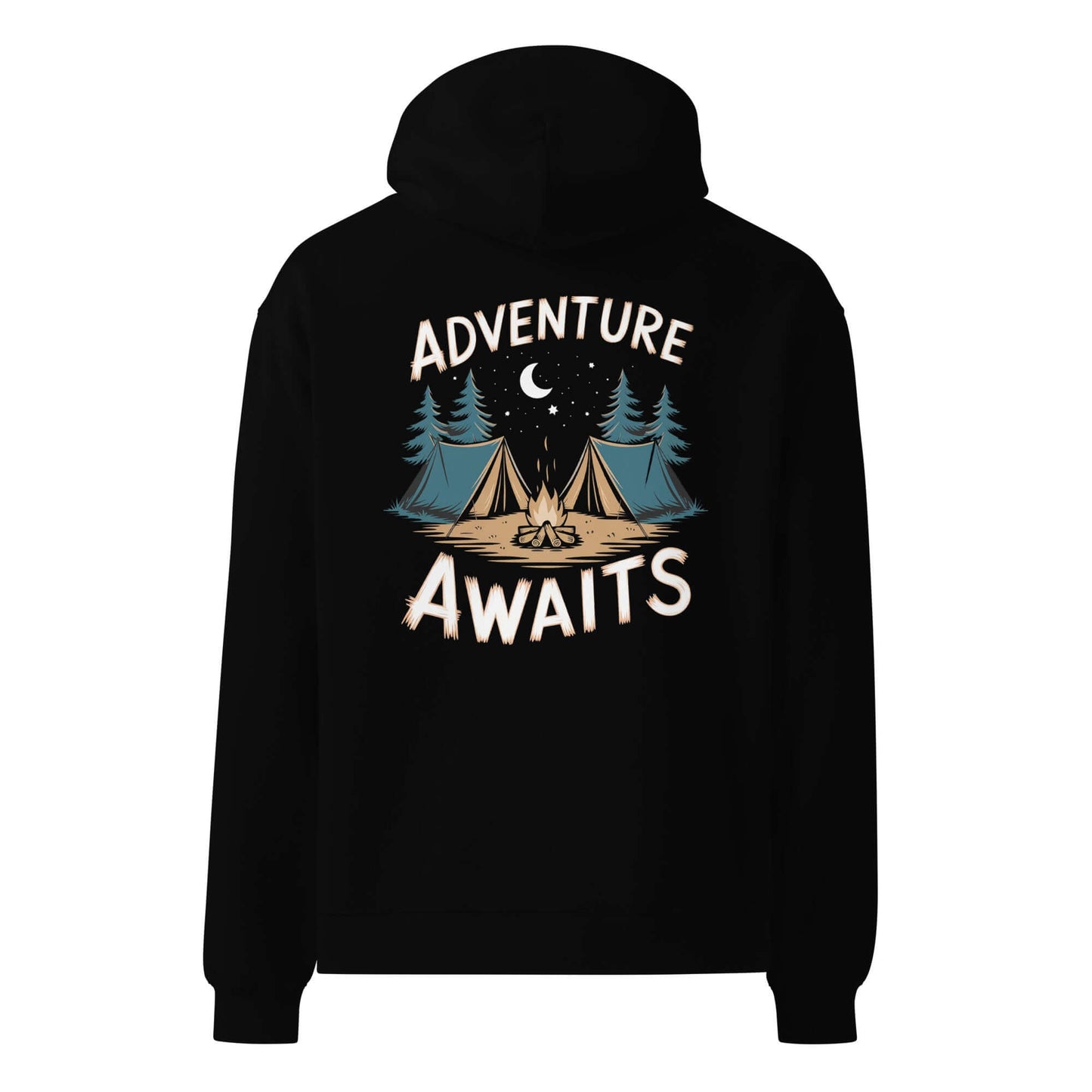 Black oversized hoodie with 'Adventure Awaits' print, perfect for outdoor adventures and camping. 80% cotton, 20% recycled polyester.