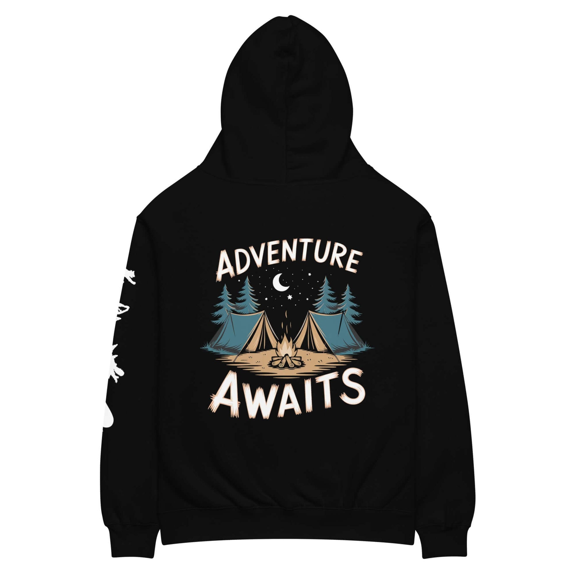 Adult unisex oversized hoodie with camping design saying 'Adventure Awaits', perfect for outdoor adventures.