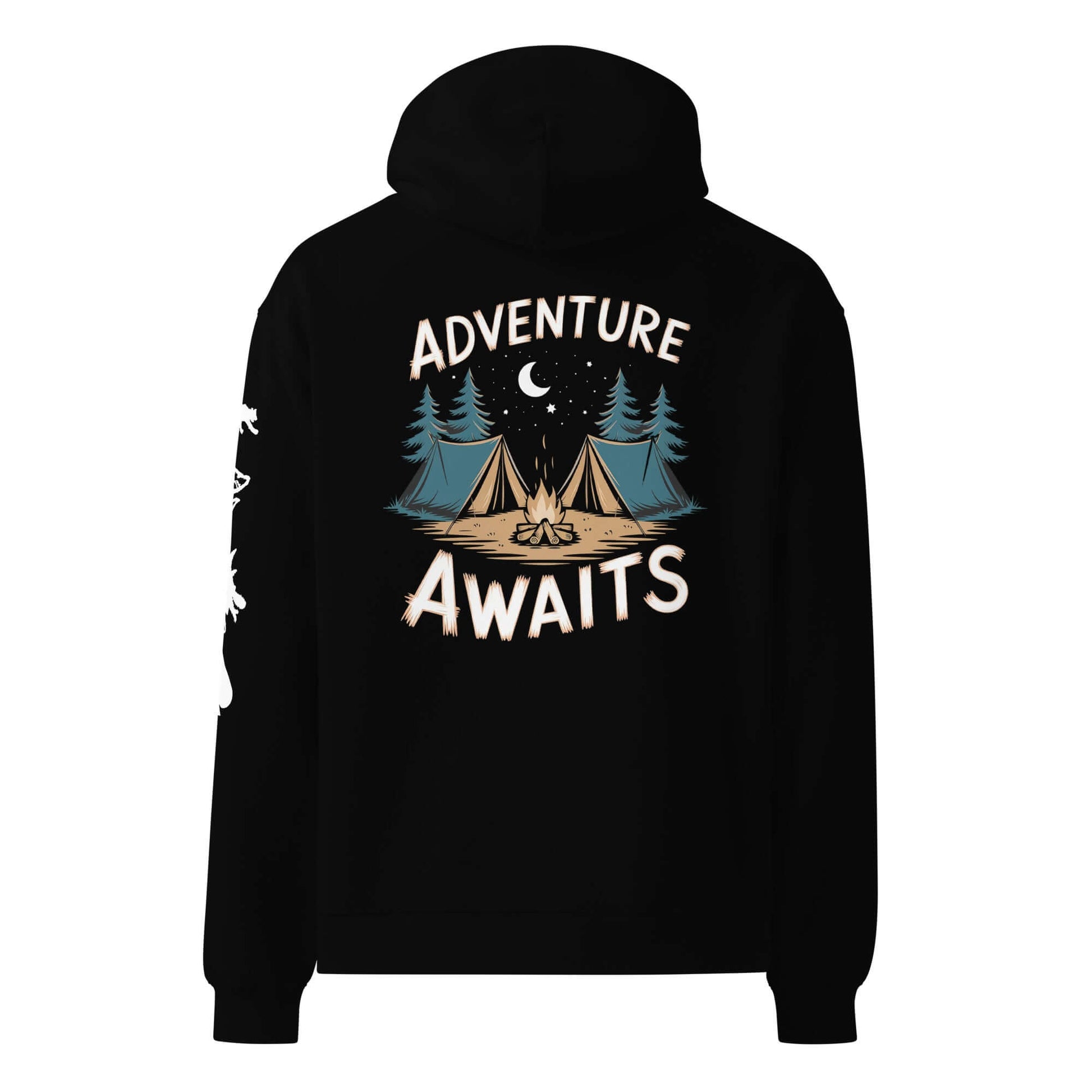 Adult unisex oversized hoodie featuring 'Adventure Awaits' design with camping scene and trees on black fabric.