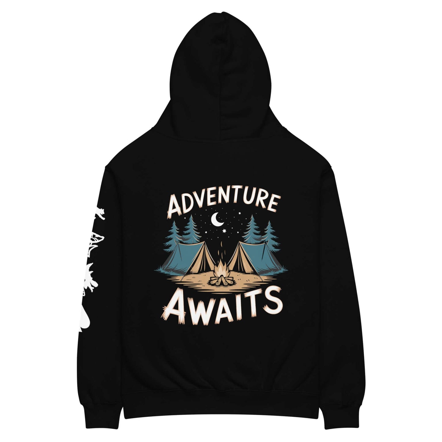 Adult unisex oversized hoodie with 'Adventure Awaits' graphic, perfect for outdoor adventures.