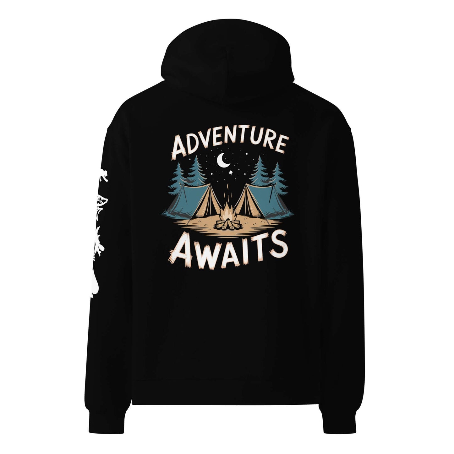 Adult unisex oversized hoodie in black with 'Adventure Awaits' graphic featuring tents and trees.