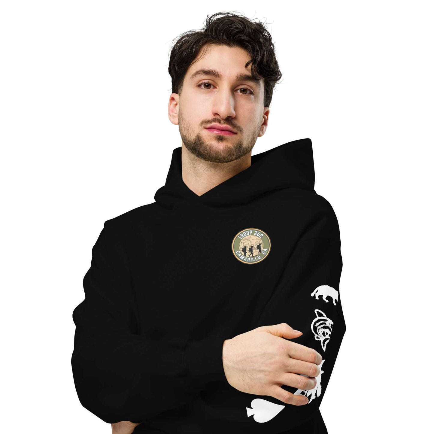 Adult Unisex Oversized Hoodie in black with hiking logo and animal graphics on sleeves.