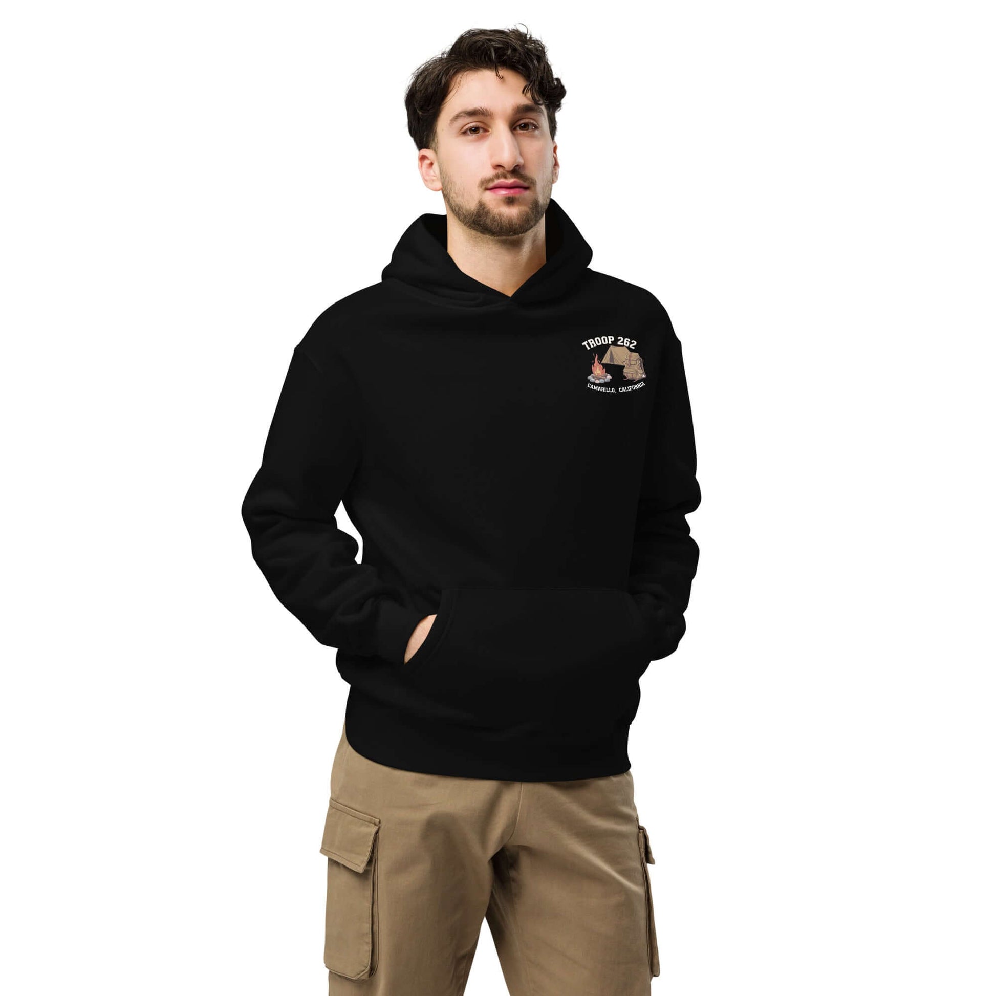 Adult unisex oversized black hoodie with camping design, perfect for outdoor adventures and cozy gatherings.