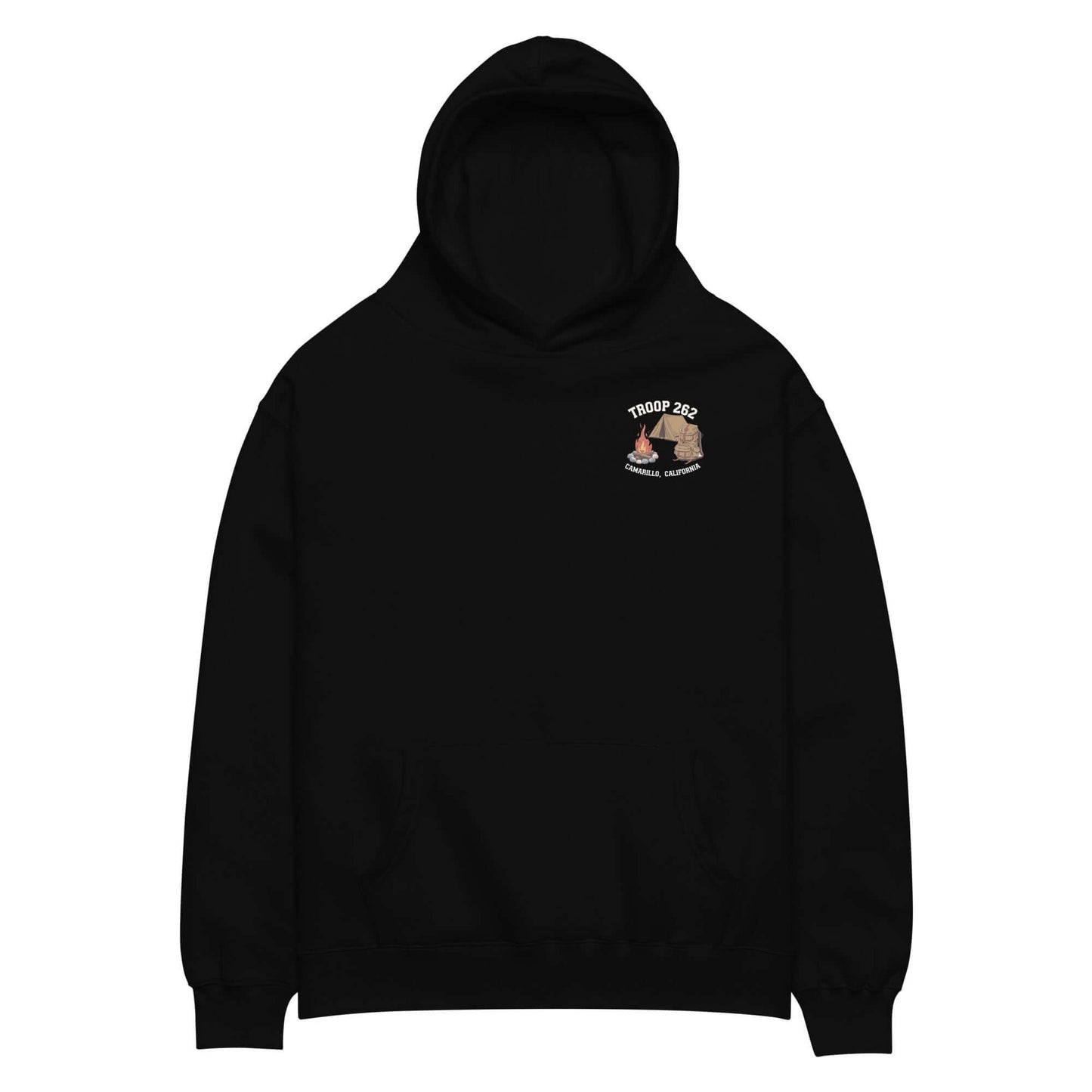 Adult unisex oversized black hoodie featuring Troop 253 logo, perfect for camping and outdoor adventures.