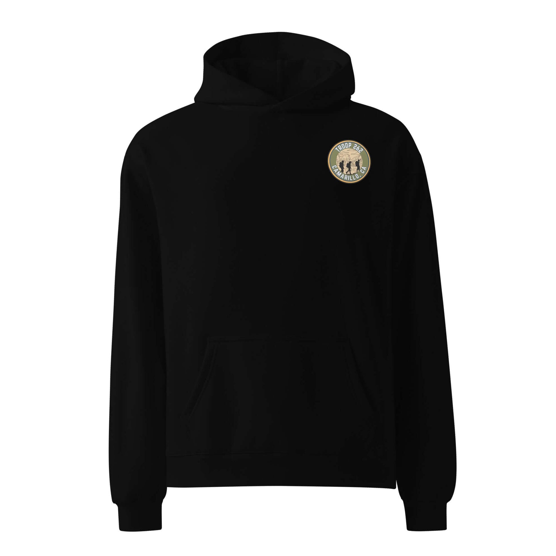 Black oversized hoodie for adults, featuring a camping-themed logo on the chest, ideal for outdoor adventures.