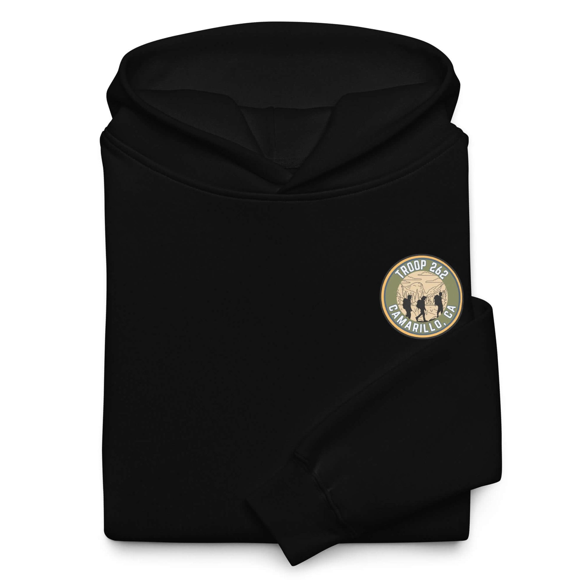 Black oversized hoodie featuring Troop 205 Camarillo CA logo, ideal for outdoor adventures and casual outings.