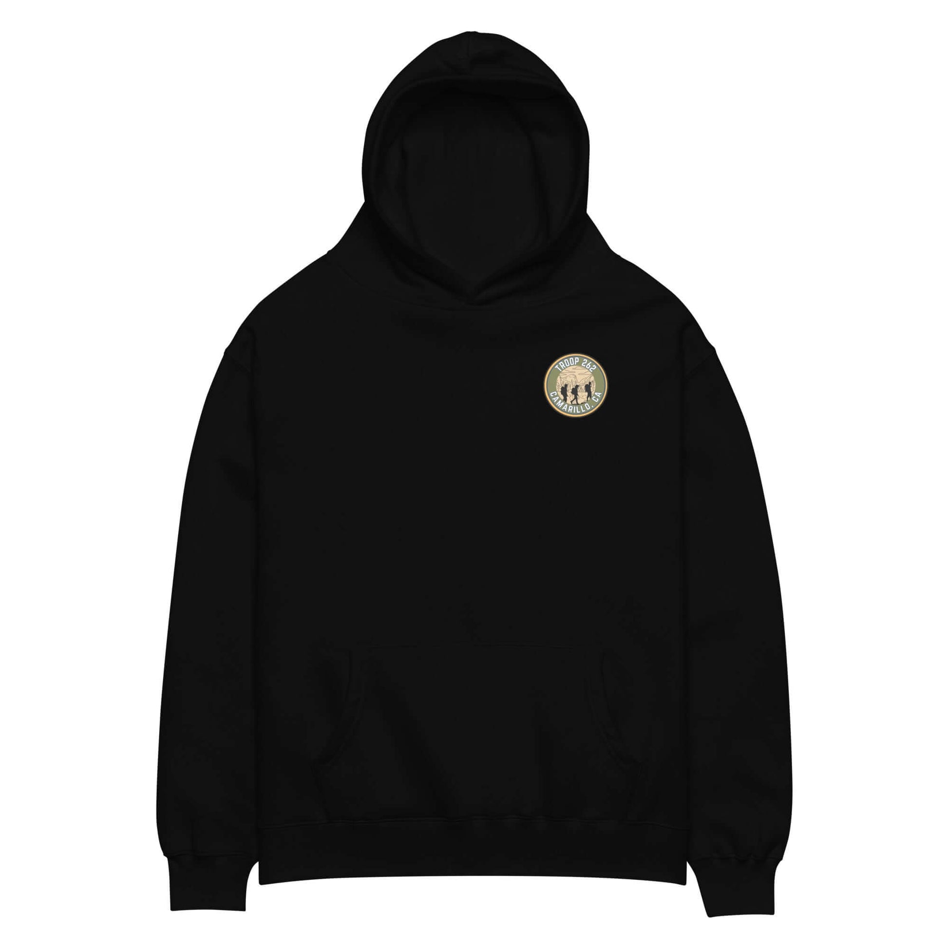 Adult unisex oversized hoodie in black, featuring a round logo, perfect for hiking and outdoor activities.