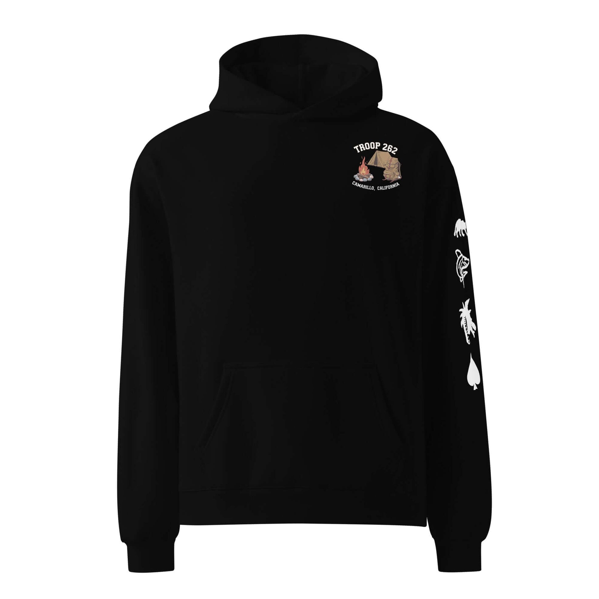 Adult unisex oversized black hoodie featuring Troop 228 emblem and unique designs on sleeves.