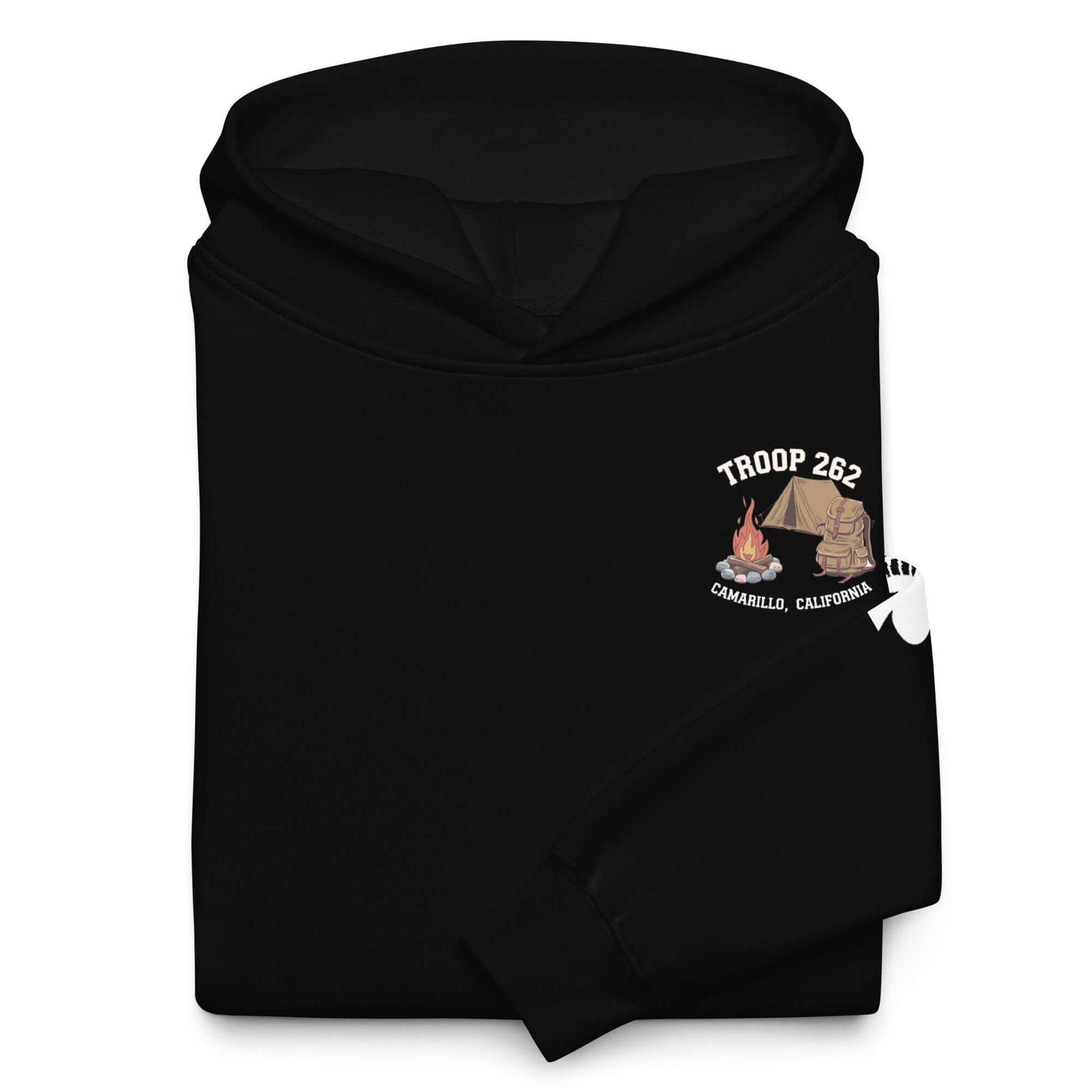 Adult unisex oversized black hoodie featuring Troop 262 logo and camping design for outdoor adventures.