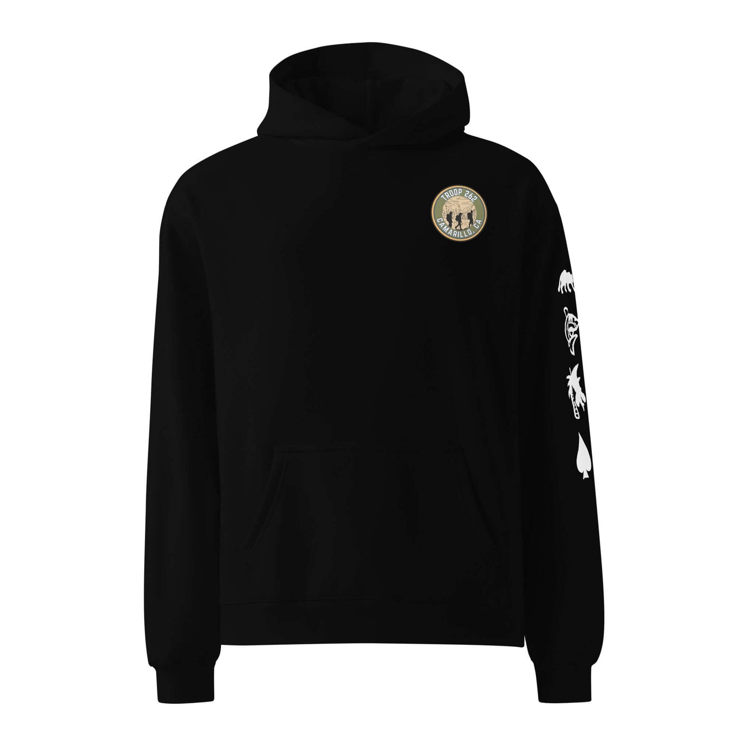 Black oversized adult unisex hoodie with logo and stylish designs for outdoor adventures and relaxation.