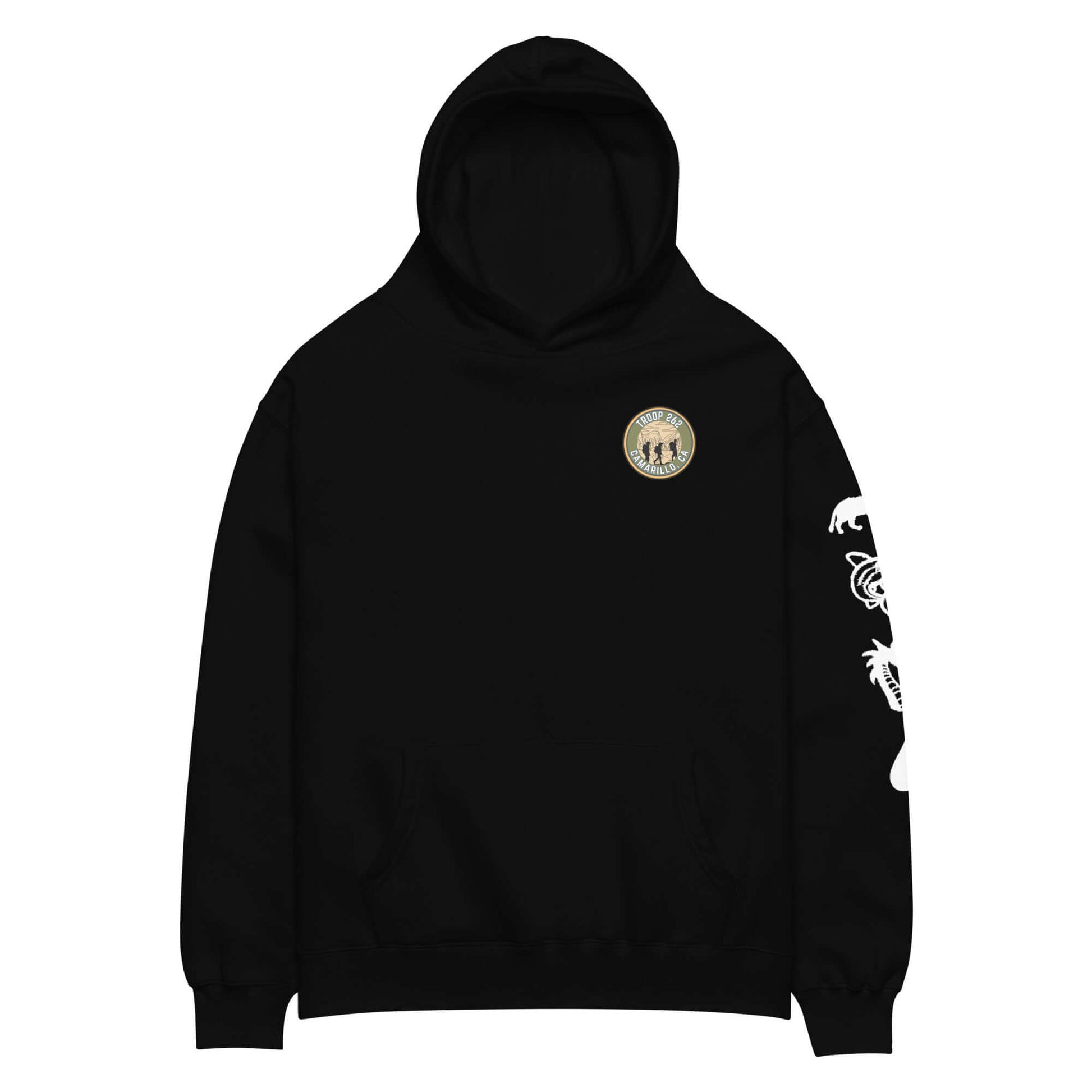 Adult unisex oversized black hoodie with logo and graphic design, perfect for outdoor adventures and casual wear.