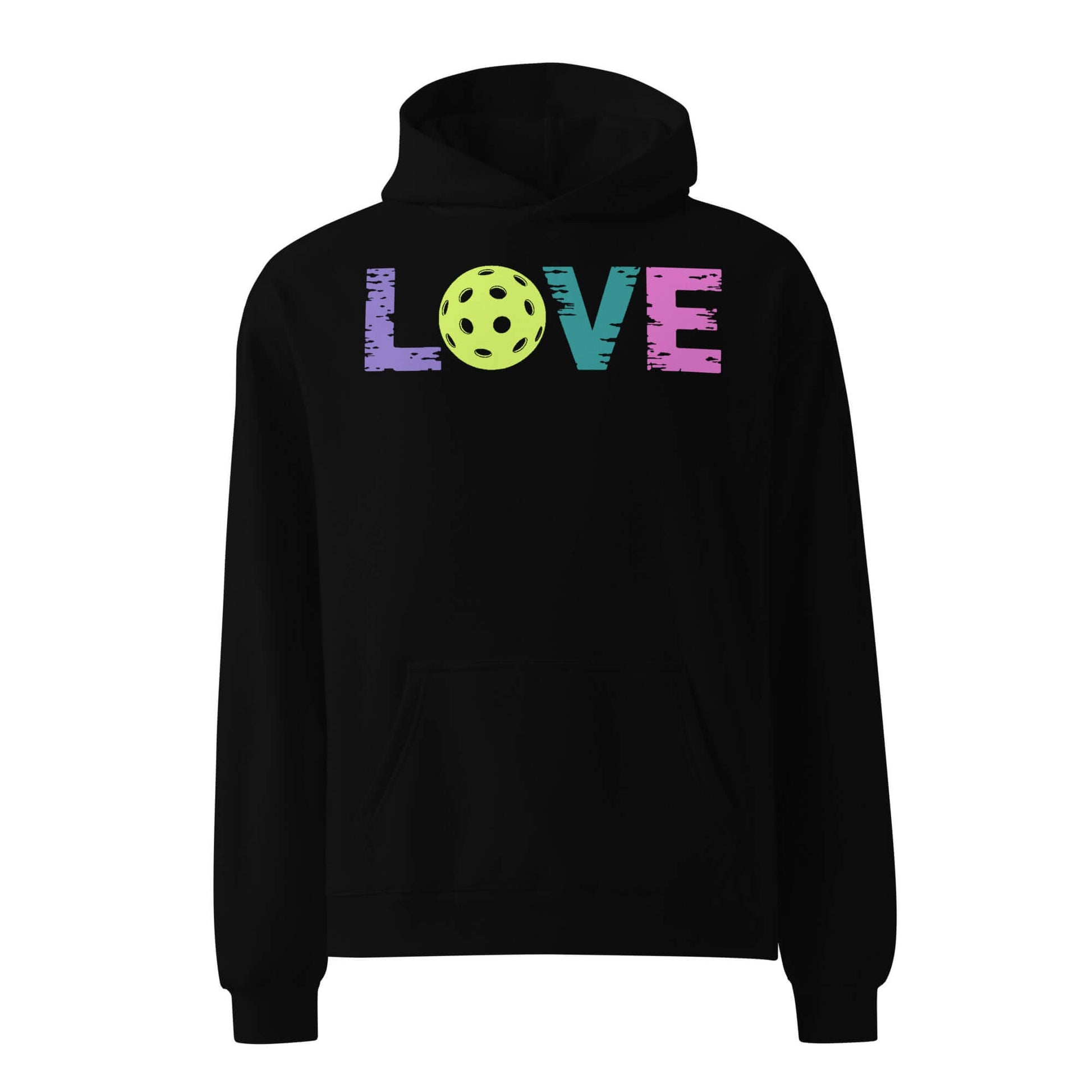 Women’s oversized black hoodie with colorful 'LOVE' graphic and pickleball design.