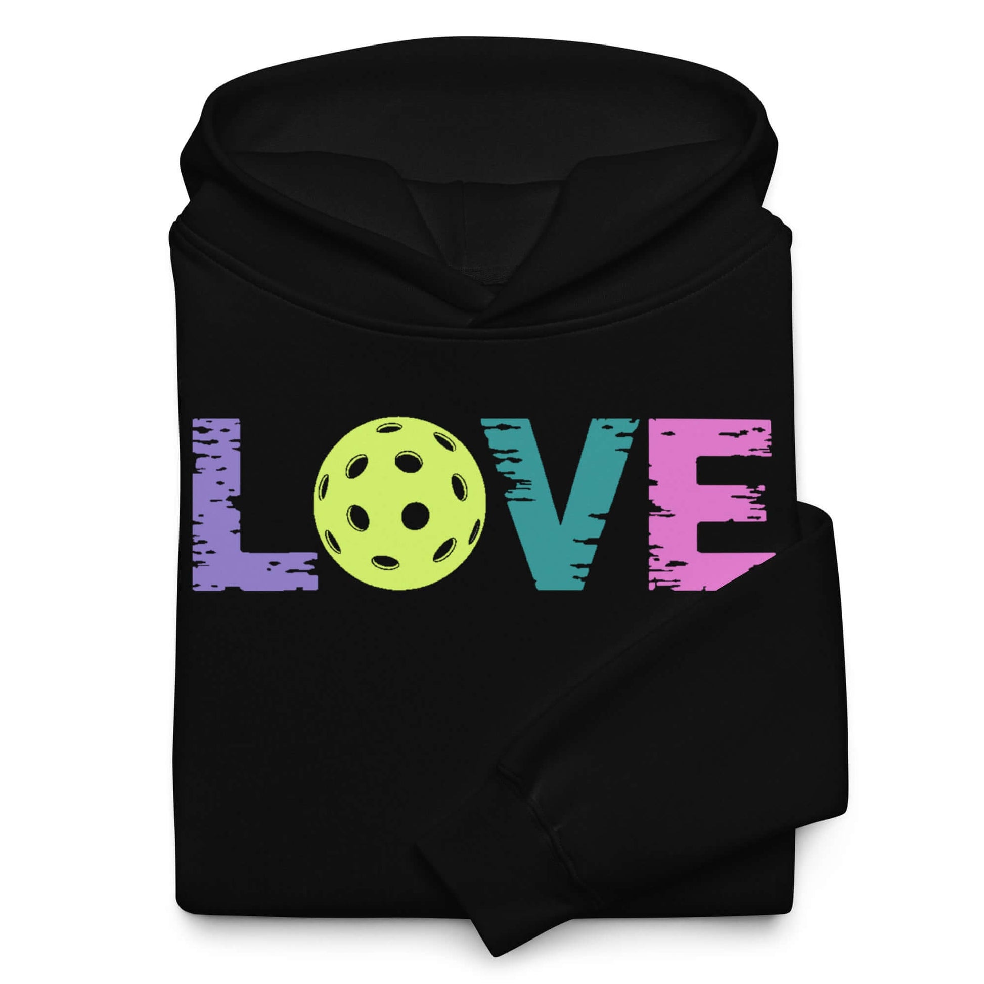 Women’s oversized hoodie with colorful 'LOVE' graphic and pickleball design, perfect for pickleball lovers.