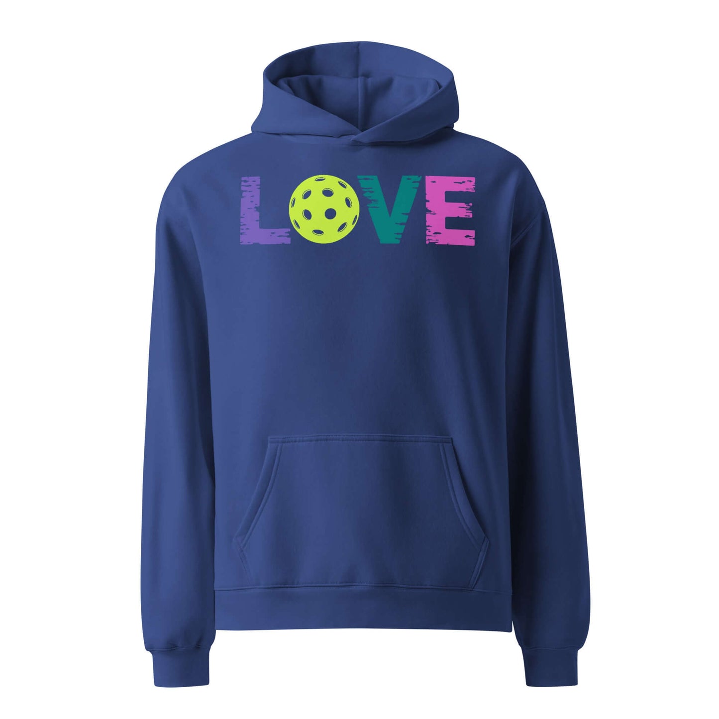 Women’s oversized hoodie in navy with colorful 'LOVE' graphic and pickleball design.